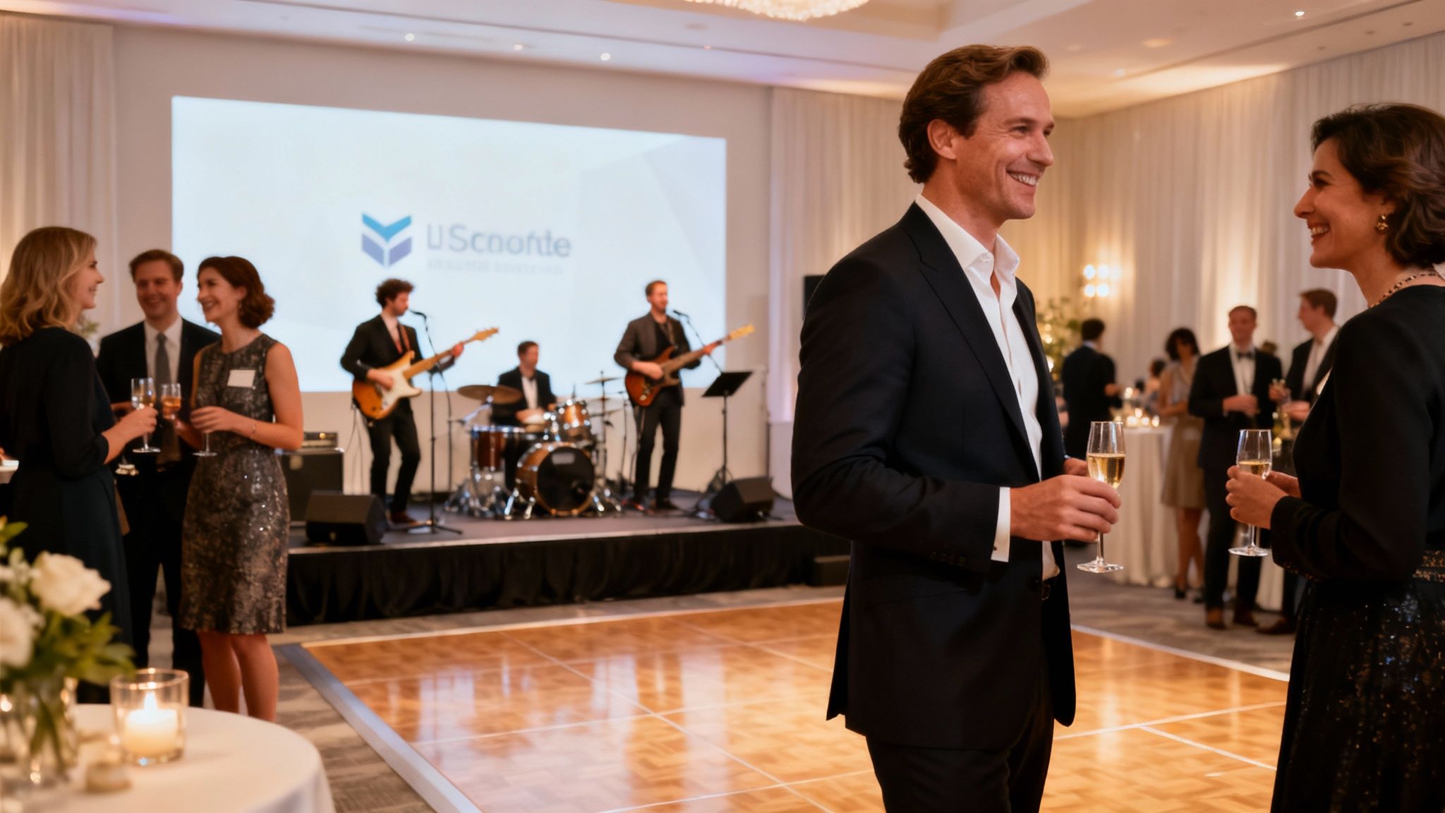 A corporate event with a live band performing on stage in front of a dancing crowd.