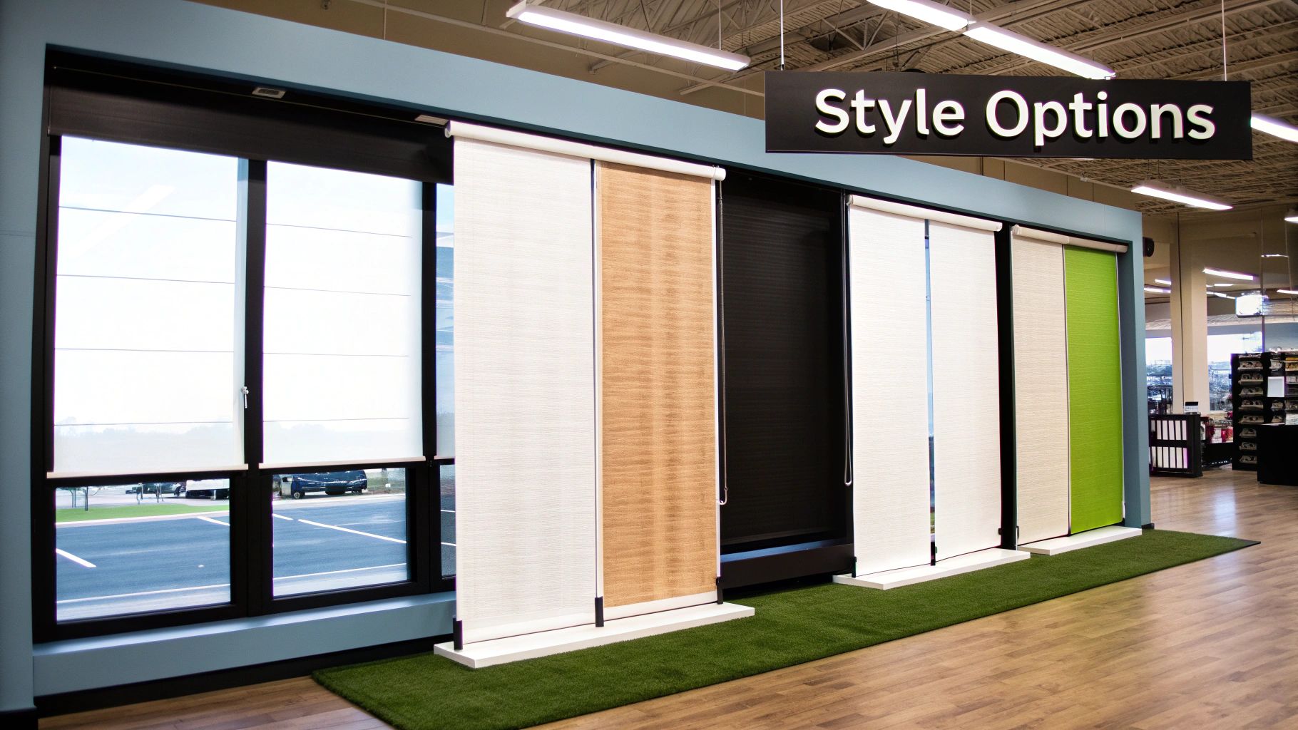 A showroom display of various light-filtering and blackout window blinds in different colors and textures.