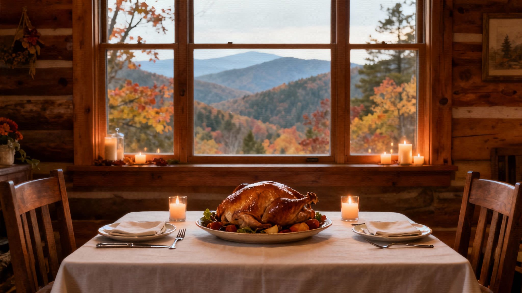 A delicious Thanksgiving dinner spread on a rustic wooden table