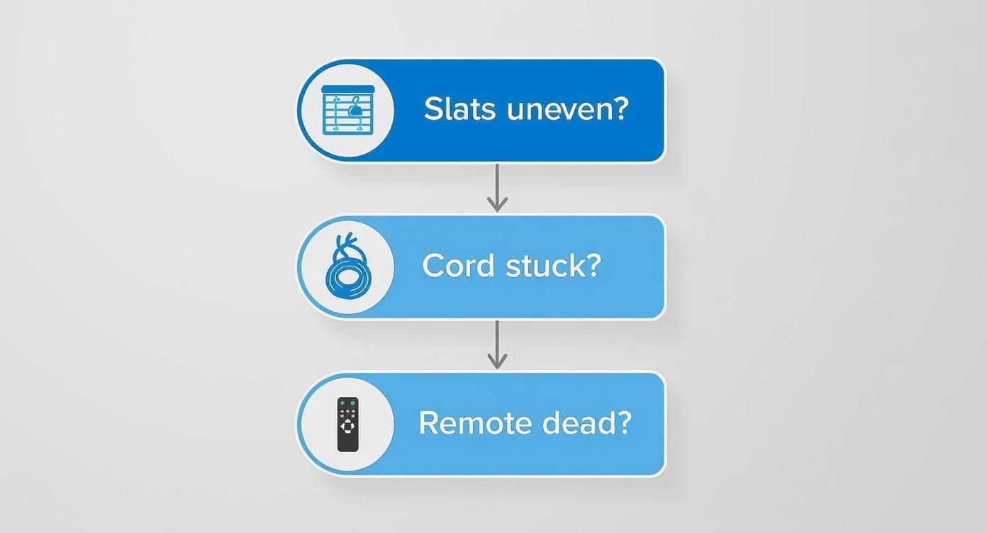 A troubleshooting guide for blinds, listing common issues: uneven slats, stuck cord, and dead remote control.