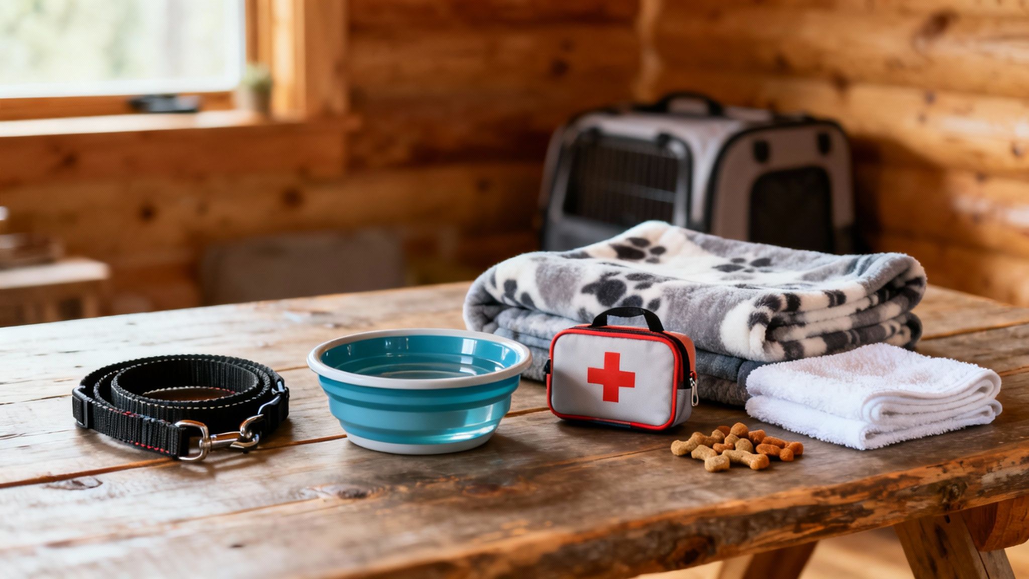 Pet travel essentials neatly arranged on a rustic wooden table inside a cozy cabin, ready for a trip.