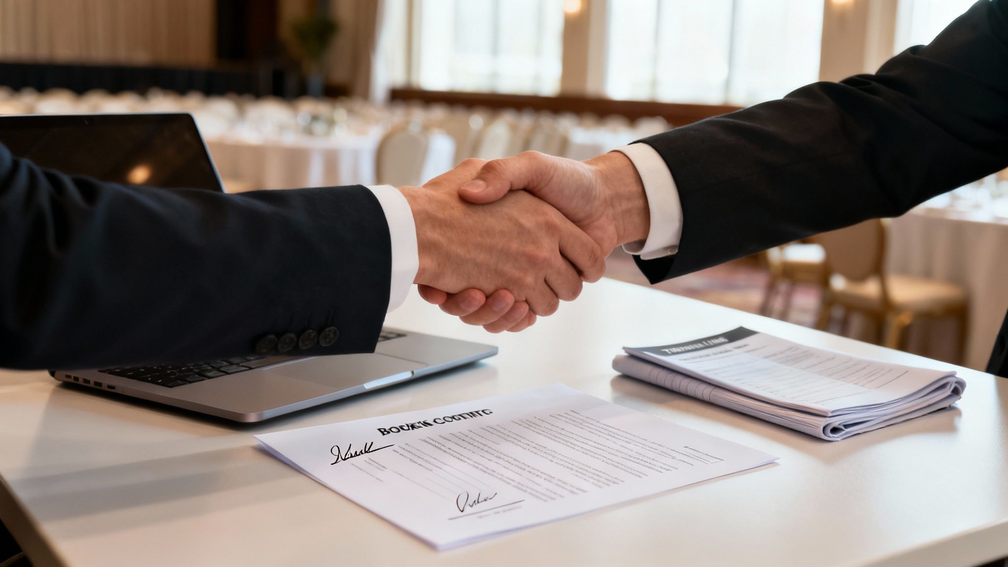 Two professionals in suits shake hands over a table with a laptop and contract, symbolizing a business deal or partnership.