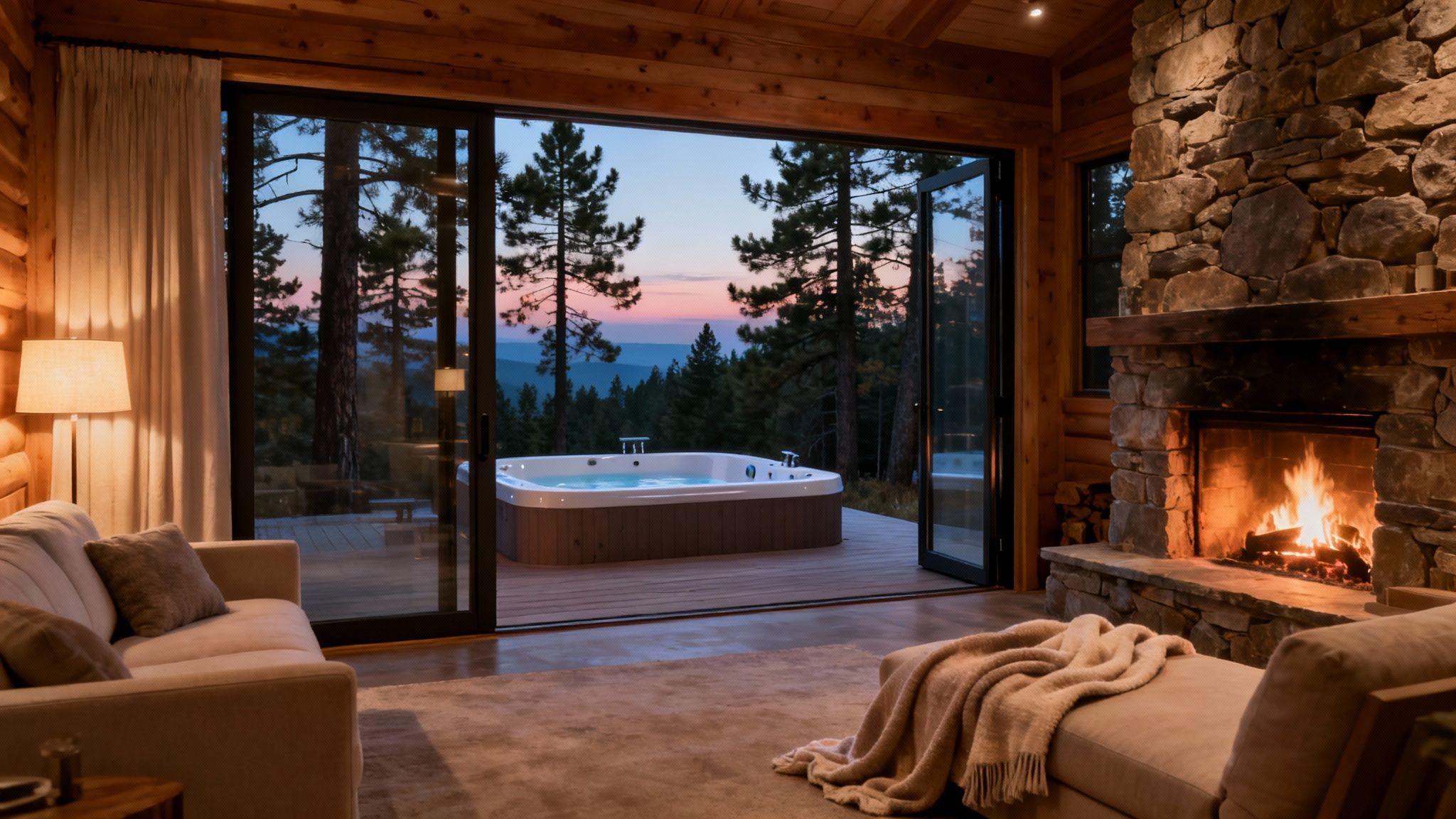 A warm log cabin interior with a stone fireplace, cozy sofa, and an outdoor hot tub at sunset.