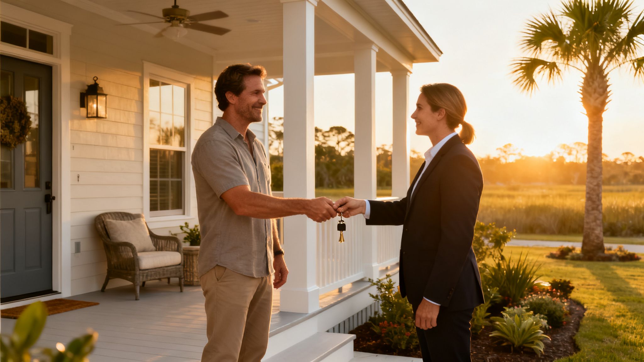 A man and woman shake hands on a porch as she hands him house keys at sunset.