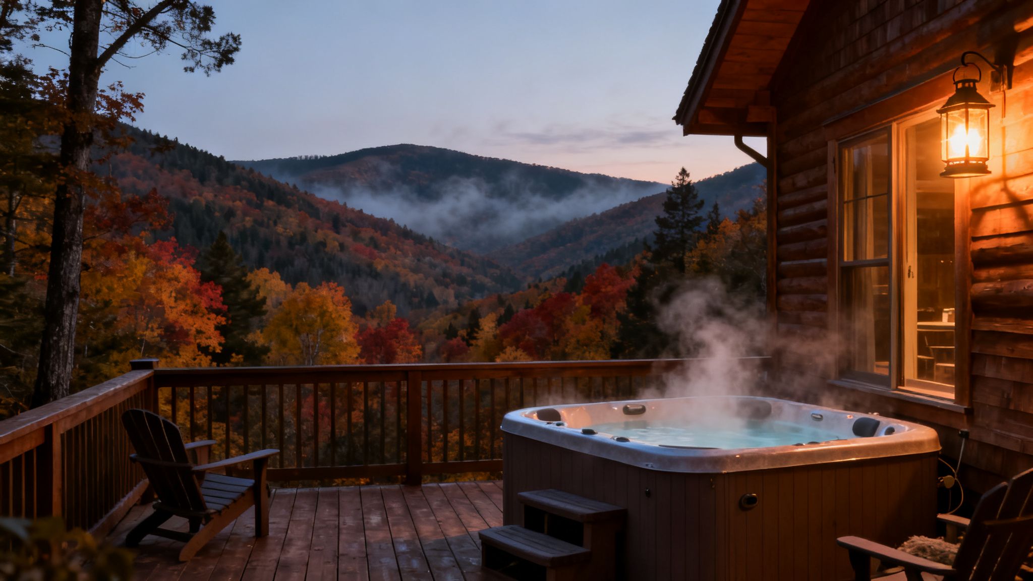 A steaming hot tub on a wooden deck overlooking colorful fall mountains and mist at dusk.