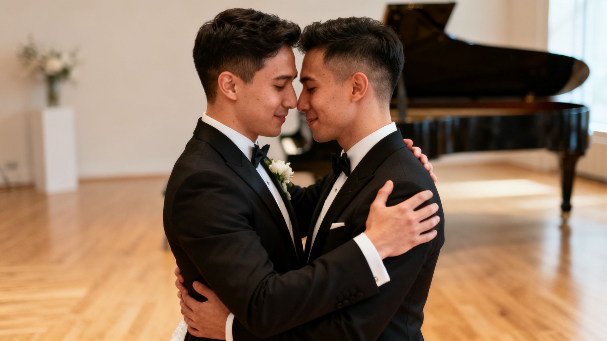 Two grooms in tuxedos tenderly embrace, foreheads touching, at their wedding ceremony.