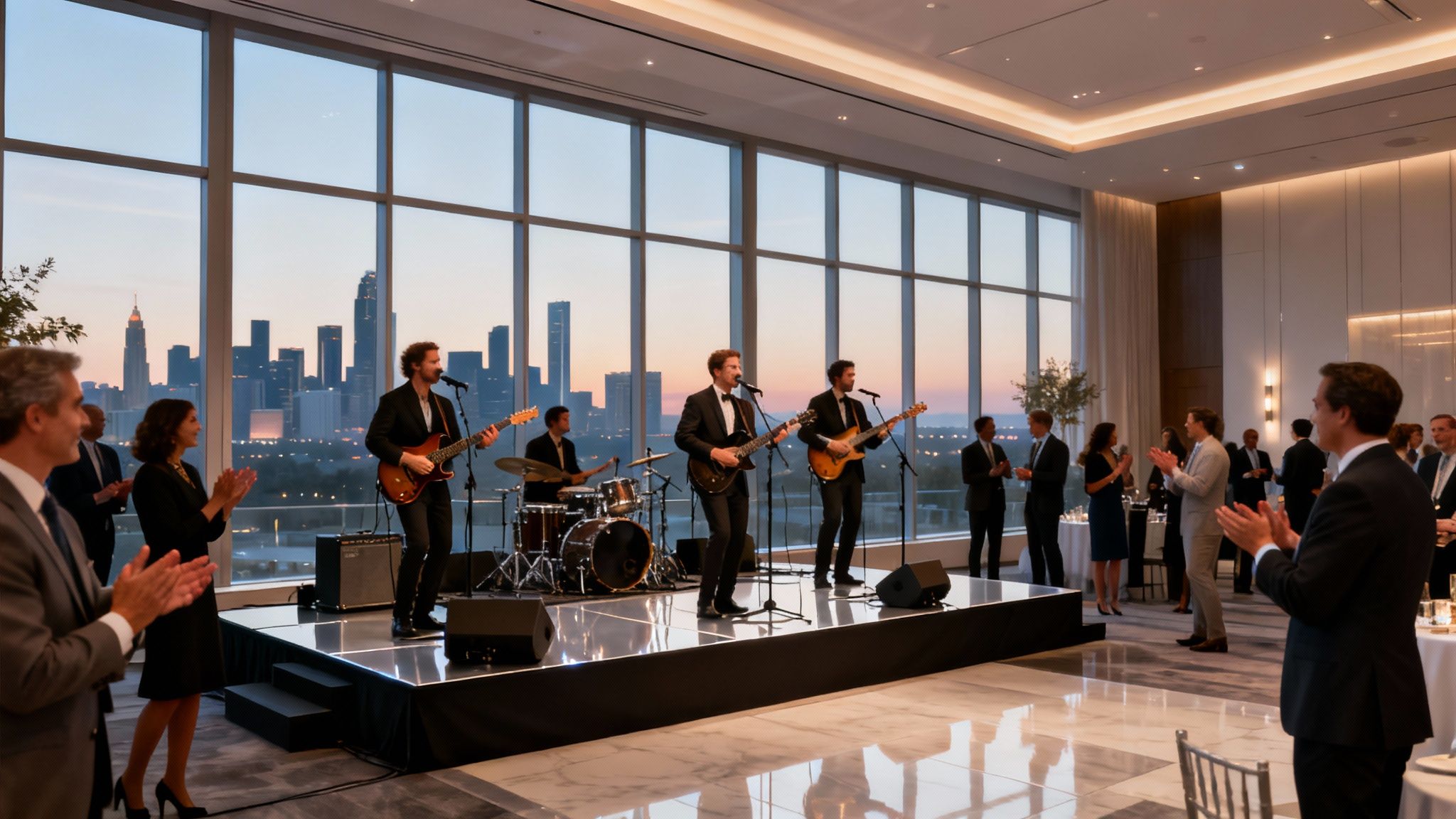 A live band performs on a stage for an audience at an elegant corporate event, with a city skyline view.