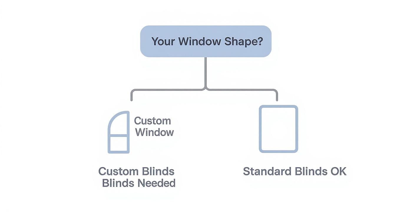 Flowchart showing window shape decision tree for custom blinds versus standard blinds selection process