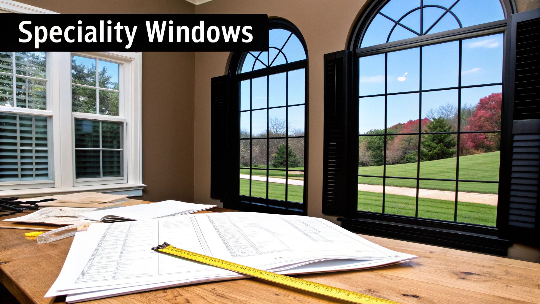 A classic brick home with elegant, perfectly sized exterior shutters on arched windows.