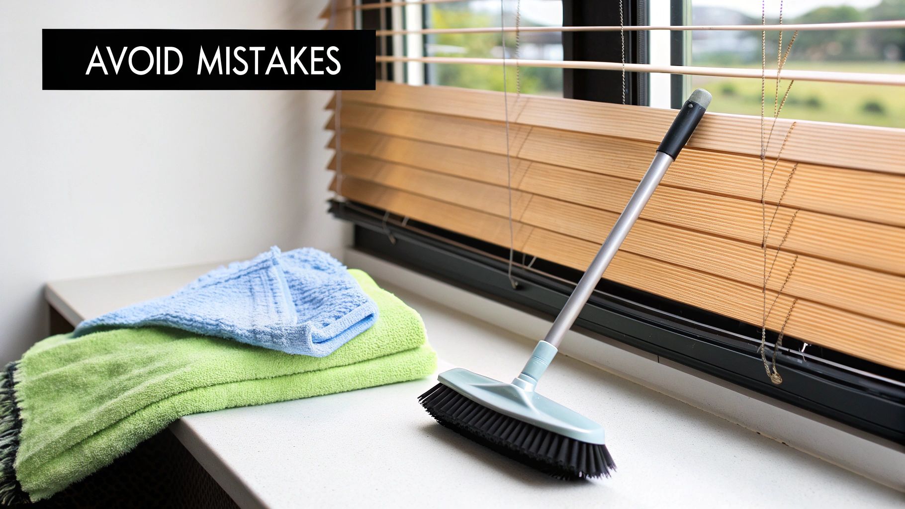 Cleaning supplies including towels and a broom on a counter next to faux wood blinds.