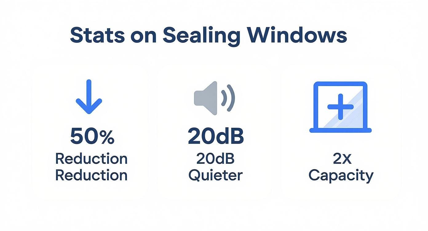 Infographic showing window sealing benefits: 50% reduction, 20dB quieter noise level, and 2x insulation capacity