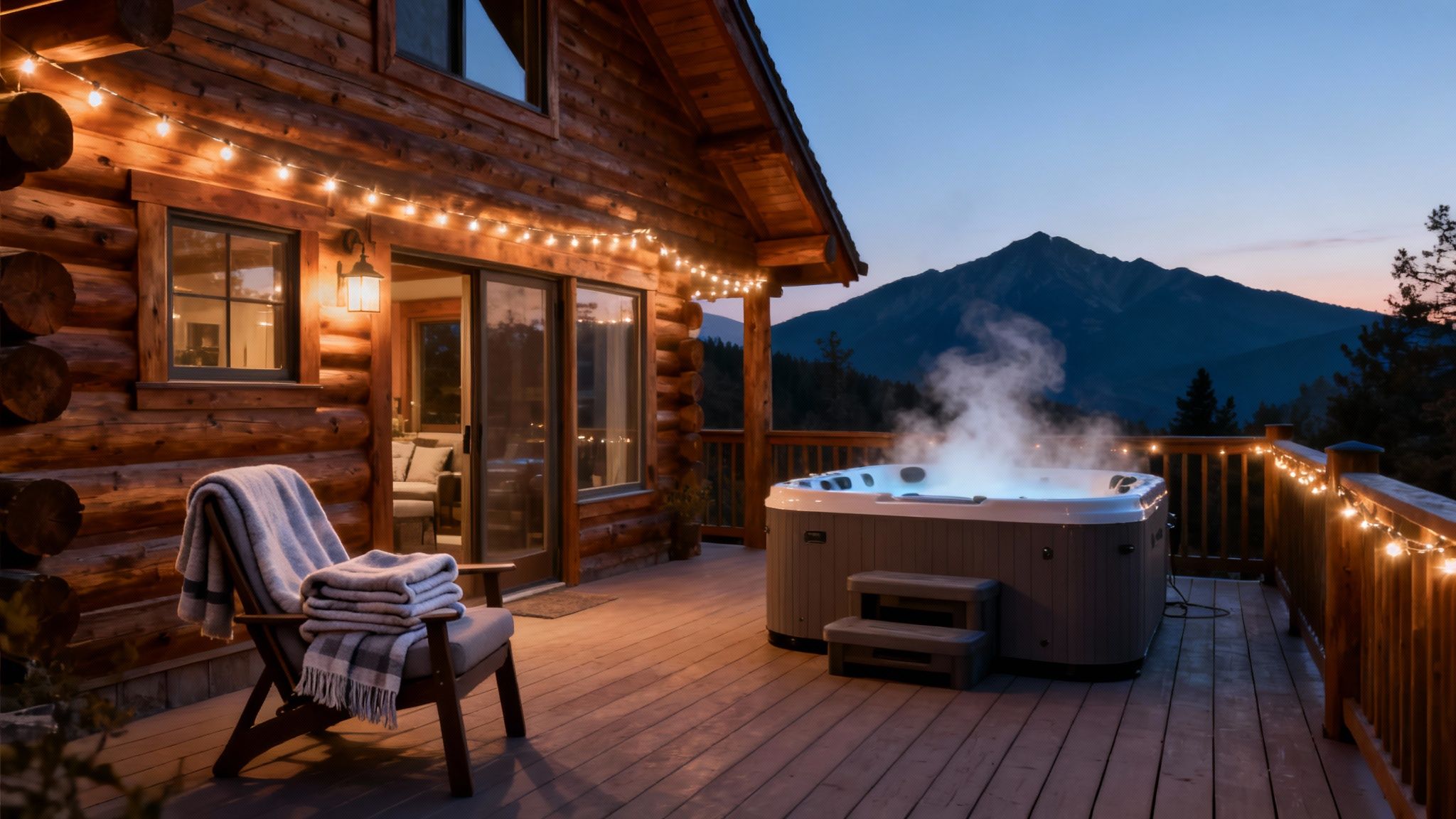 Cozy log cabin deck at dusk with a steaming hot tub, blankets, and mountain views.