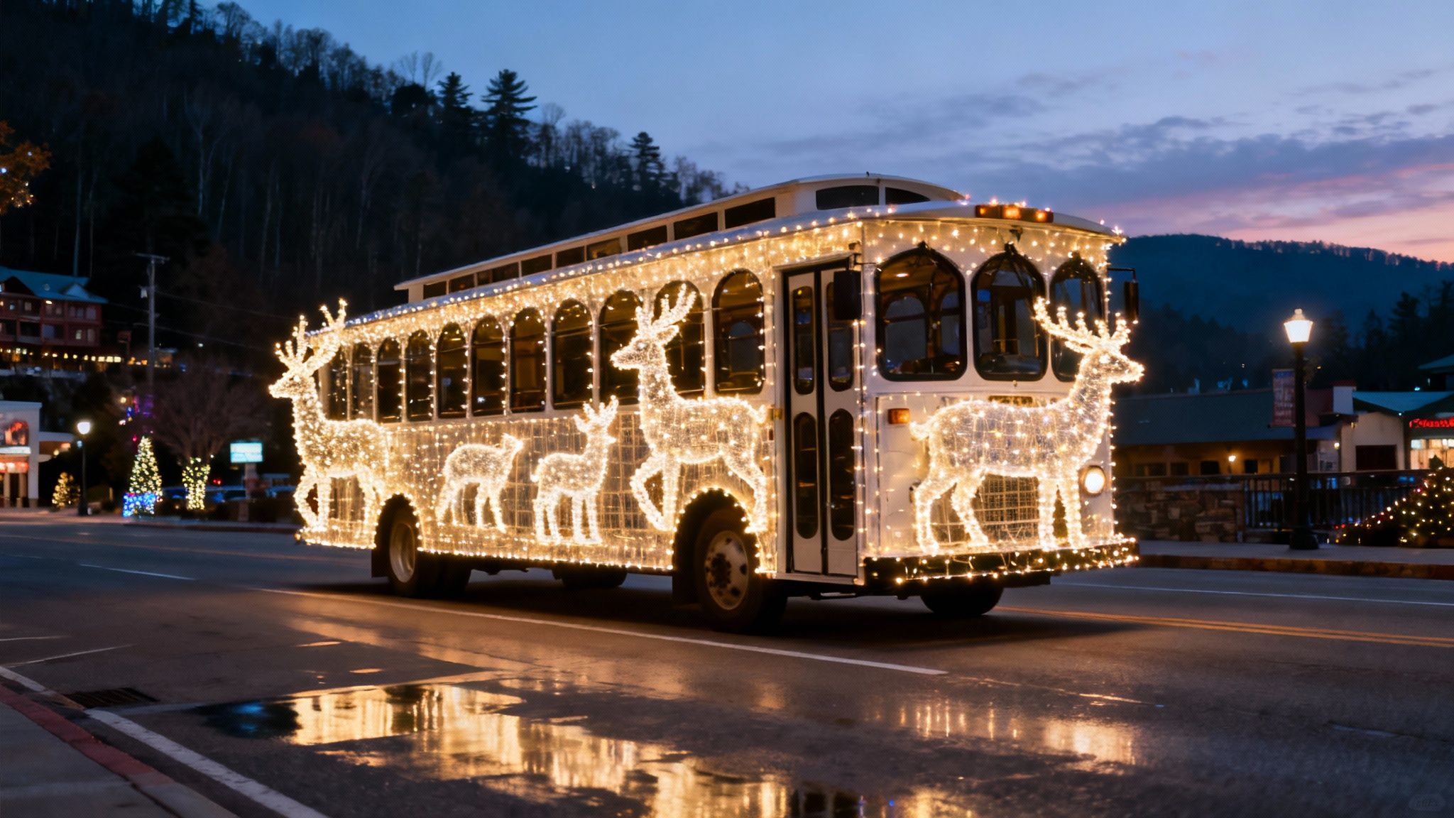 Twinkling holiday lights illuminating a festive street in Gatlinburg at night