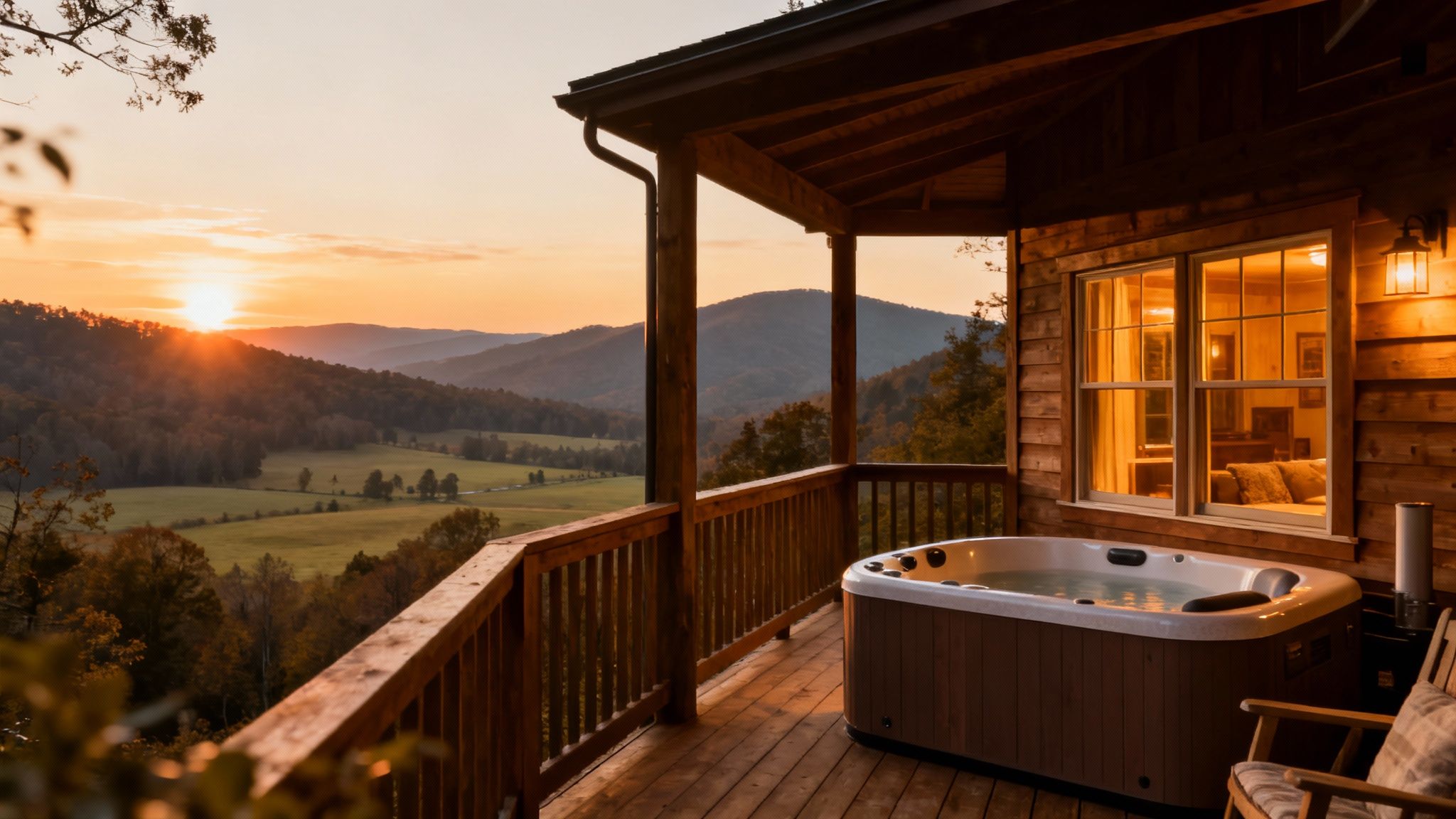 A hot tub on a rustic cabin deck overlooking a beautiful sunset over mountains and valleys.