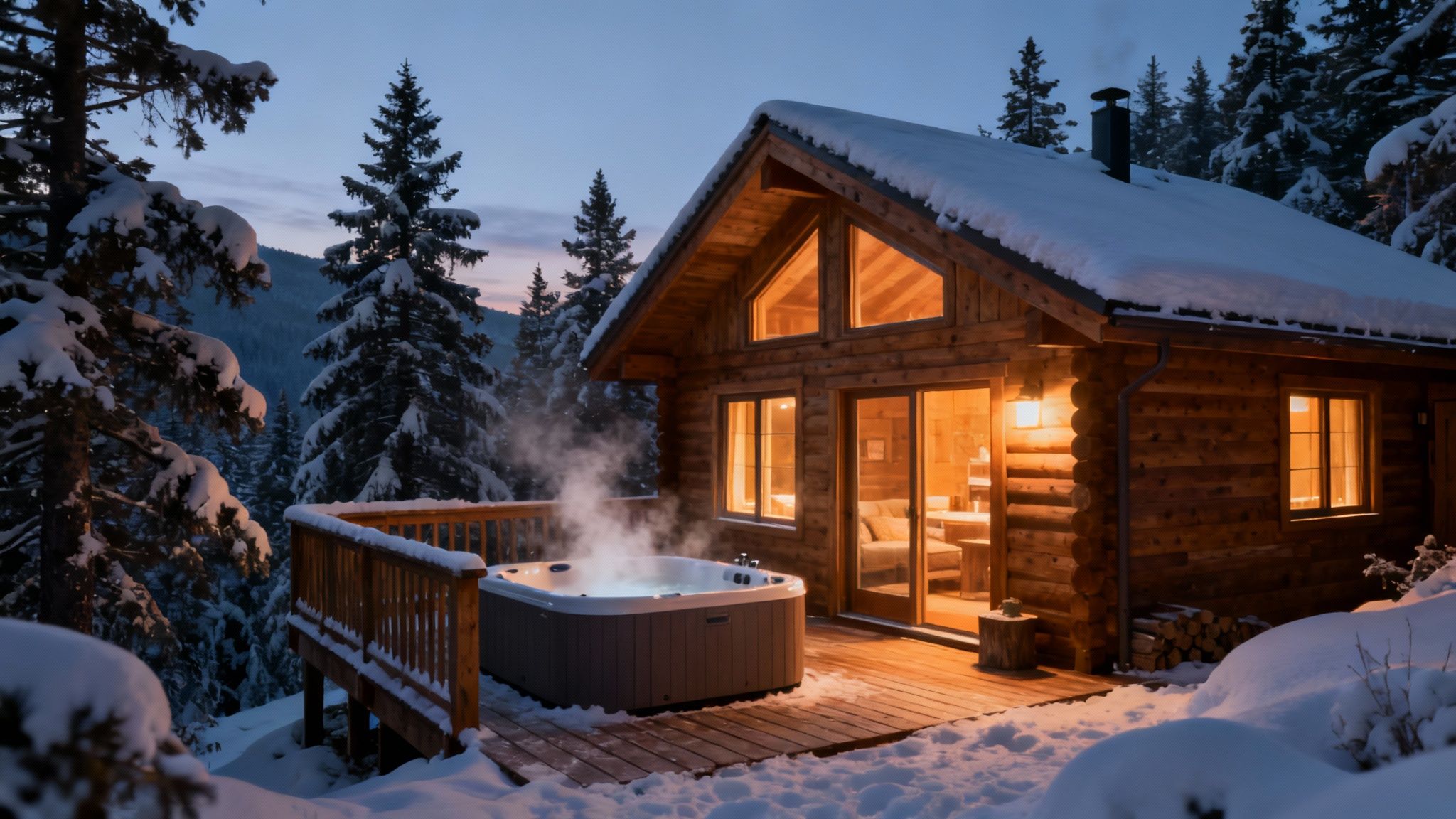 A cozy, modern log cabin with large windows overlooking a snowy mountain landscape.