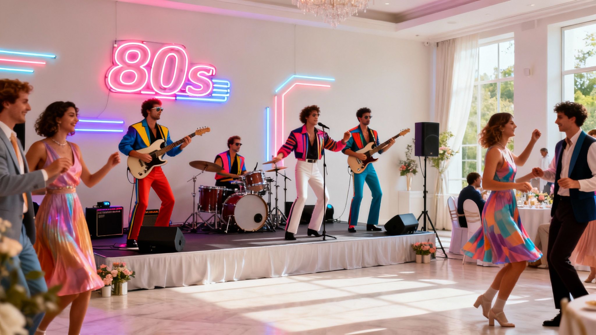 Energetic 80s-themed wedding reception with a band, neon lights, and dancing couples.