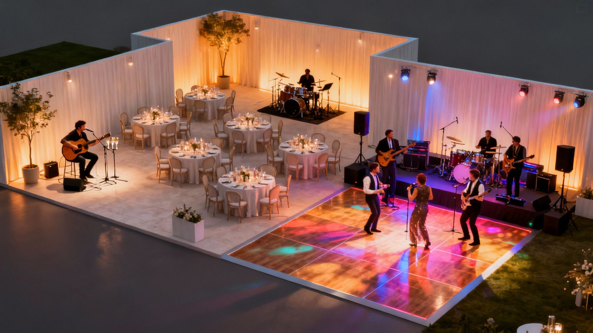 An outdoor wedding reception with a lively band on a lit dance floor and a solo guitarist entertaining guests.