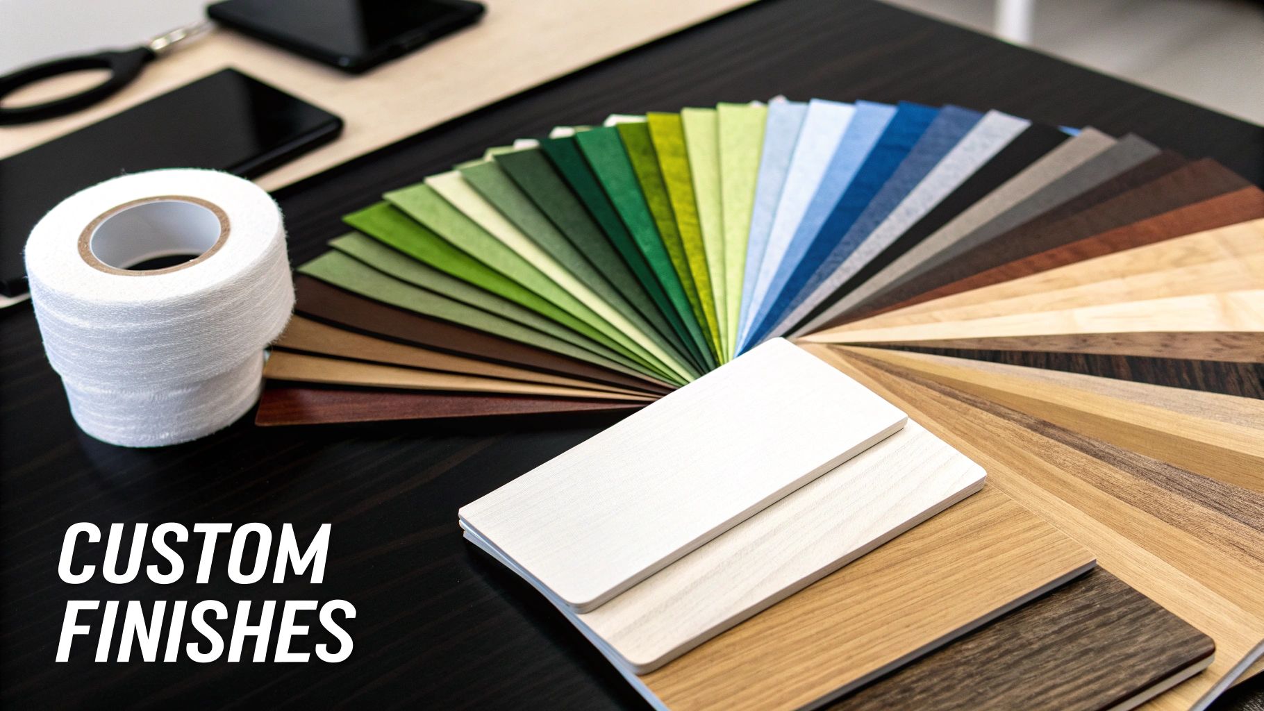 A fan of custom finish samples including wood grains, colors, and textures on a dark table.