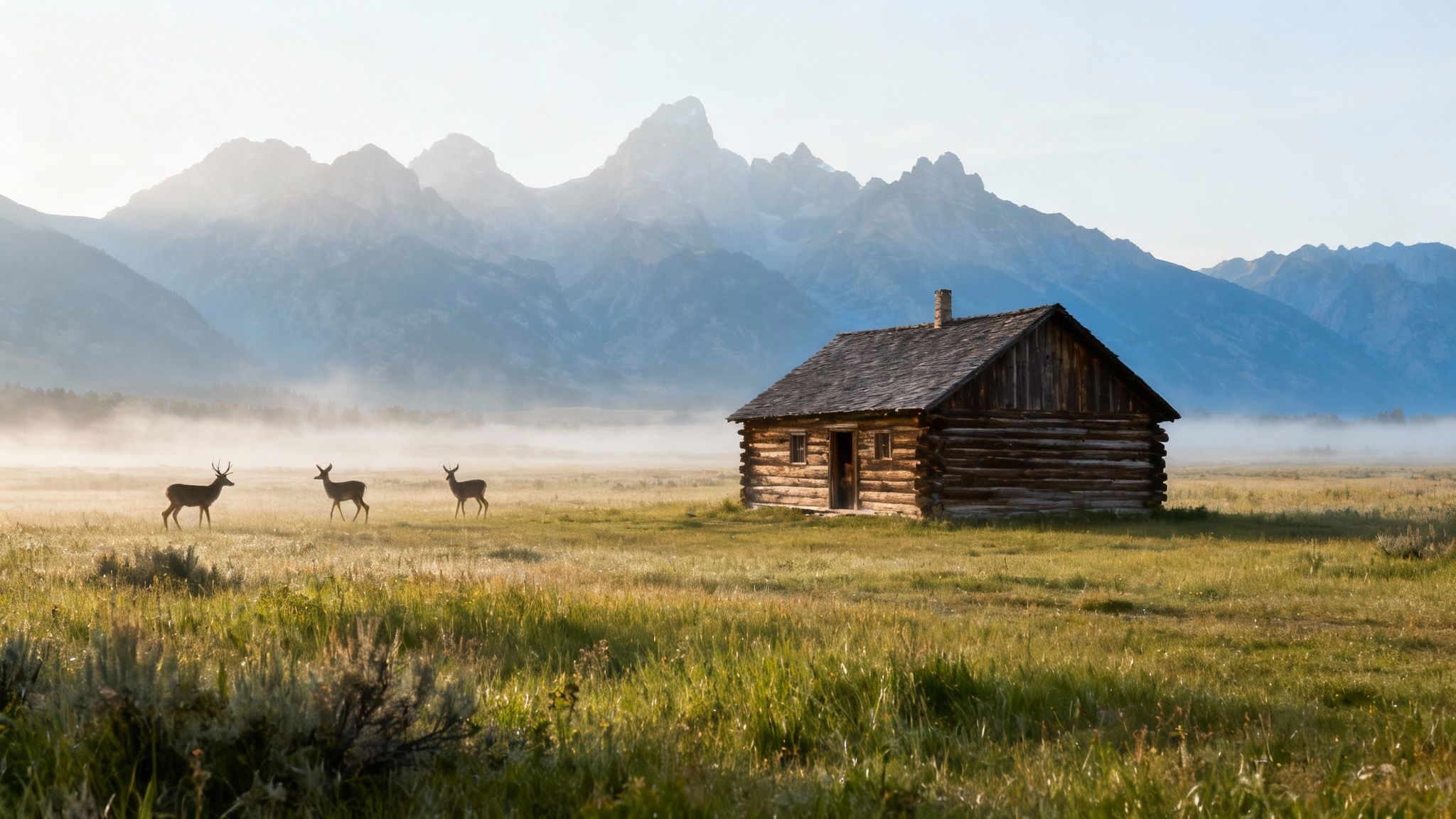 Three deer in a misty meadow near a rustic log cabin with majestic mountains in the background.