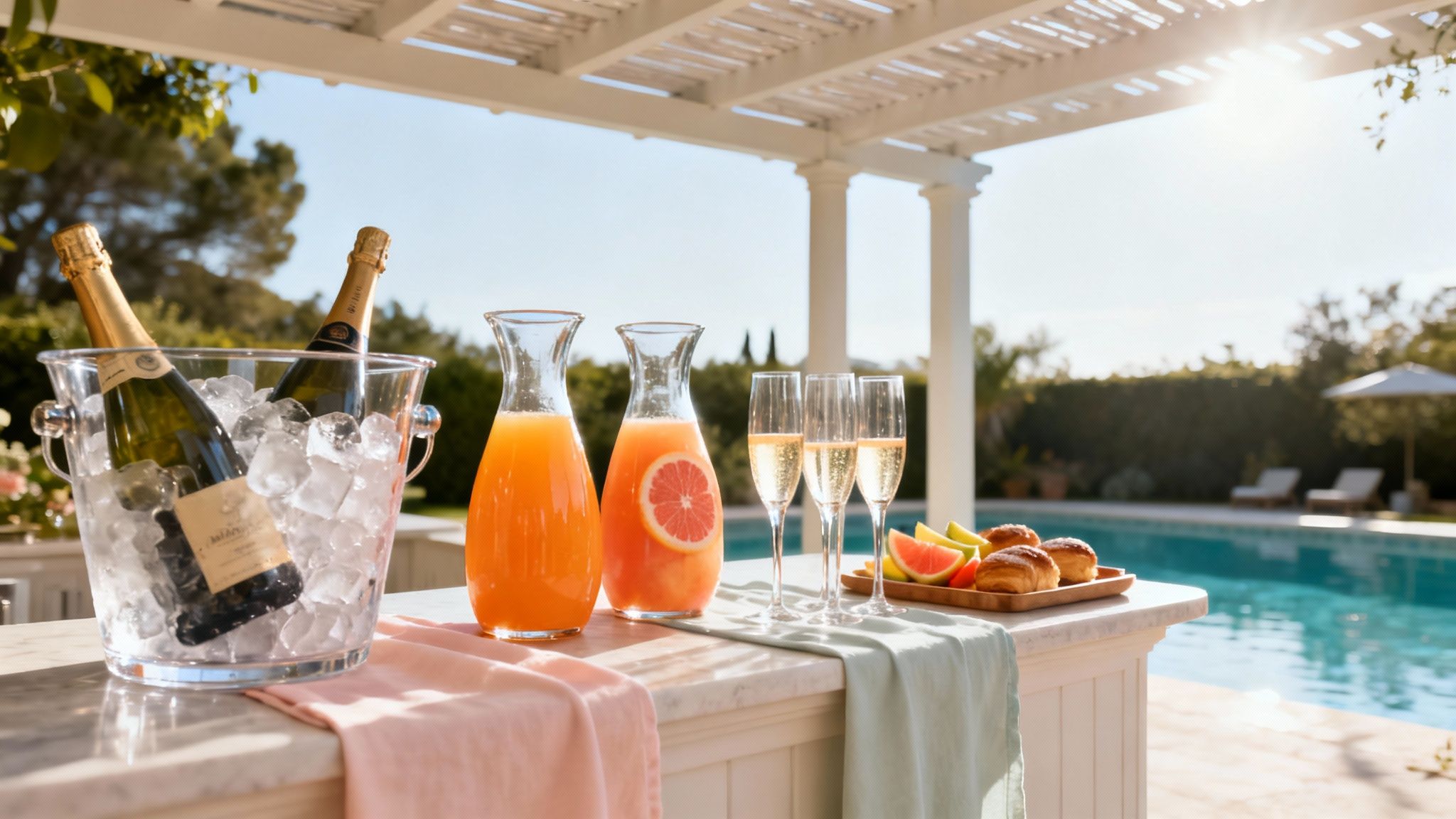 A luxurious poolside mimosa bar setup with champagne, fresh juices, fruits, and pastries on a sunny day.