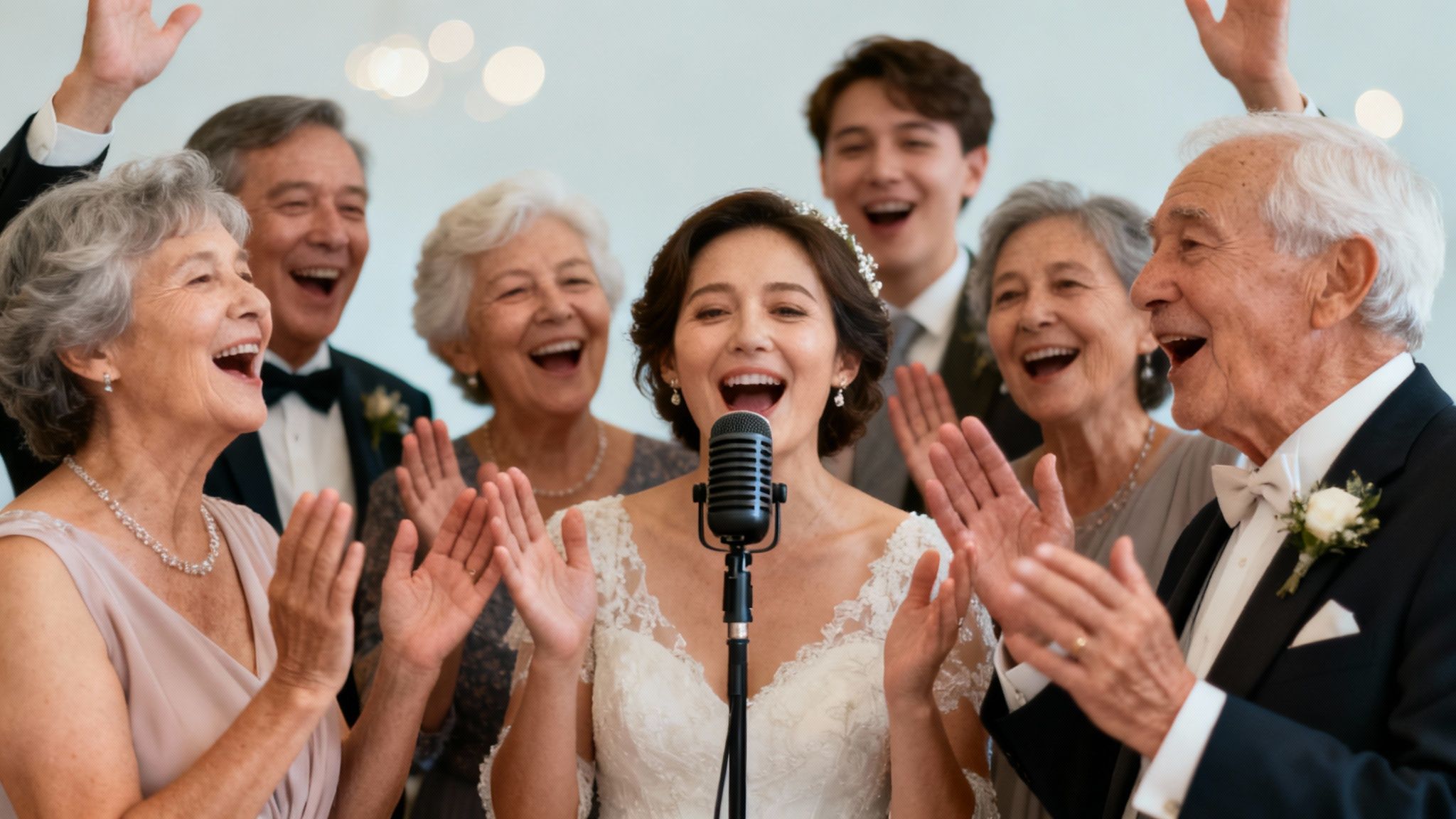 Happy bride sings into a vintage microphone surrounded by laughing, clapping family at a wedding.