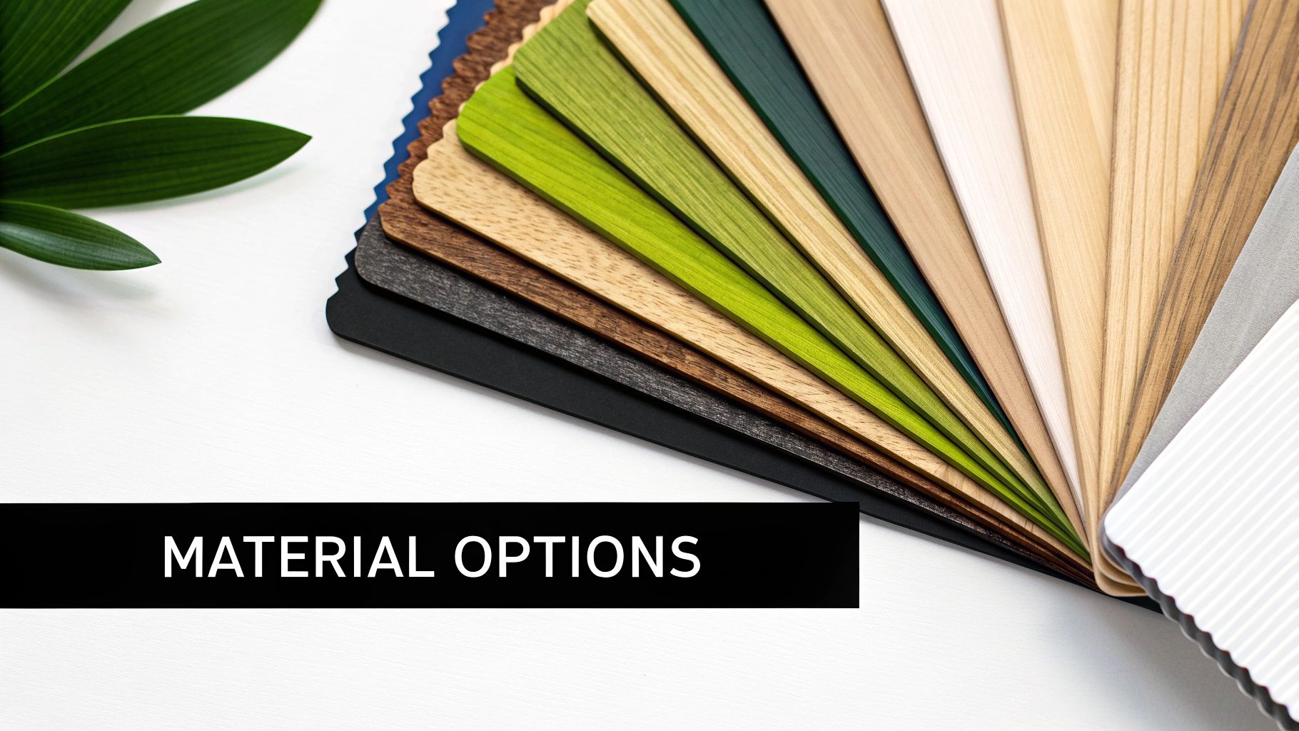 A fan of natural wood, green, and dark material samples for blinds or shades, with a green leaf.