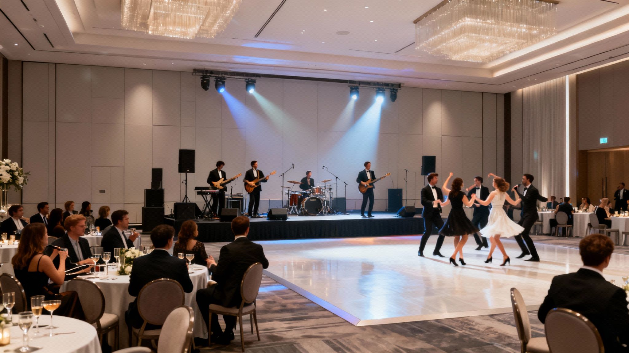 A live band performs for dancing couples and seated guests at a formal event.