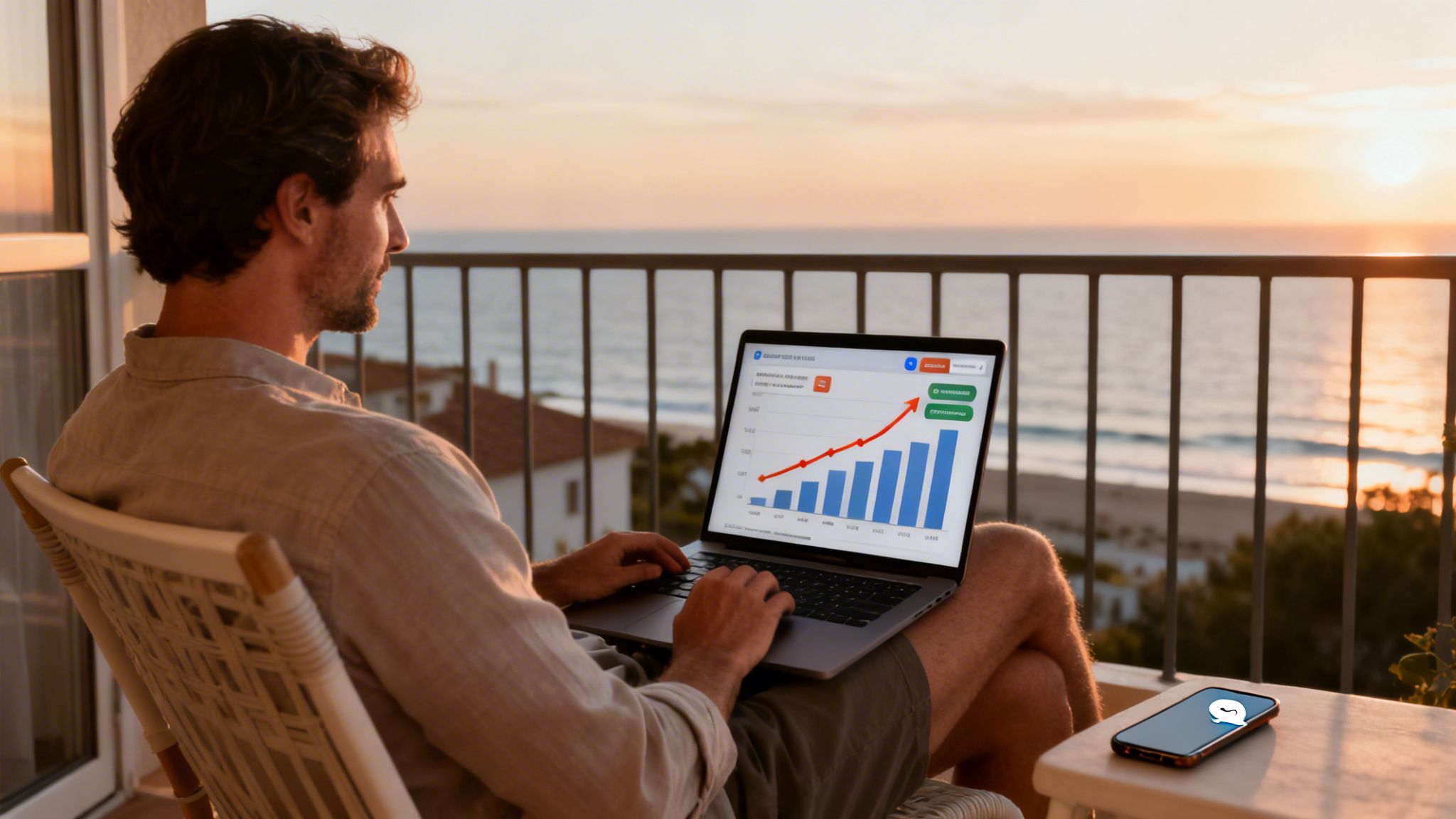 Man on a balcony working on a laptop with an ocean sunset view, showing a rising financial graph.