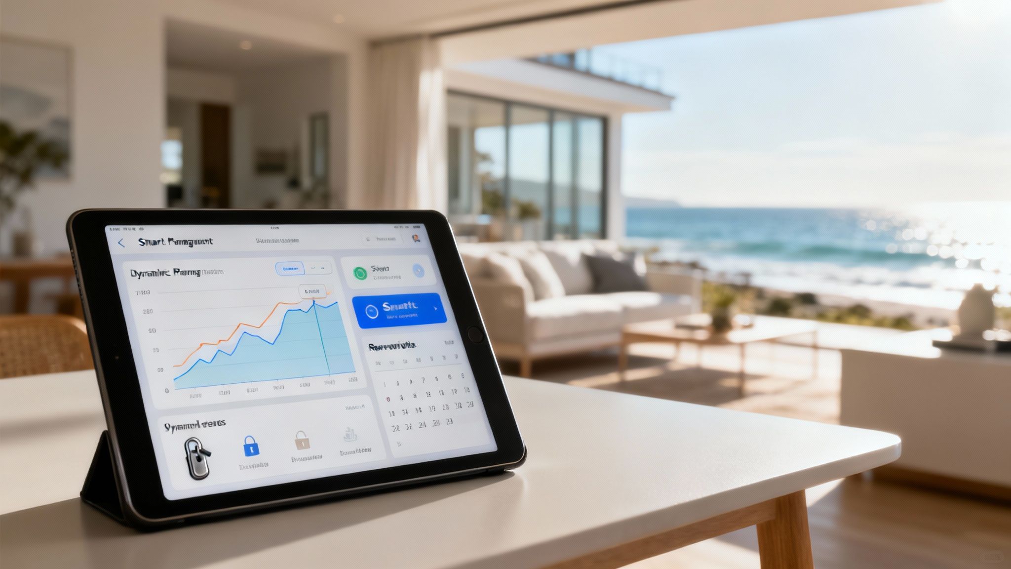 A person using a tablet to manage smart home features in a modern living room.