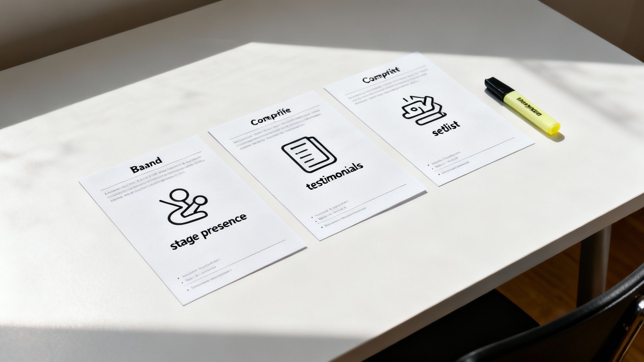 Three business-related cards on a white desk, detailing "stage presence," "testimonials," and "setlist," with a yellow highlighter.