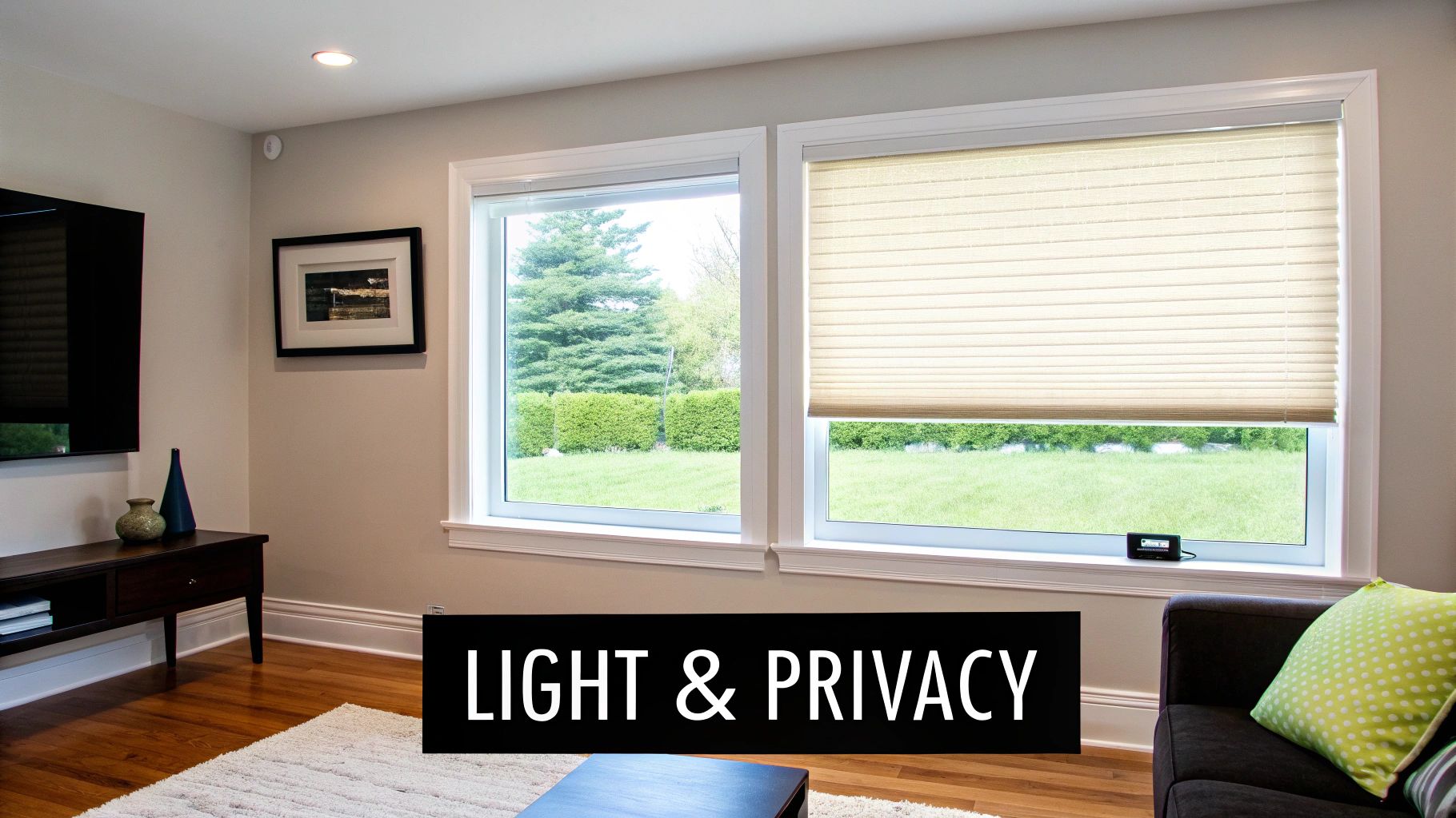 A modern living room with windows, one fitted with a pleated shade for light and privacy.