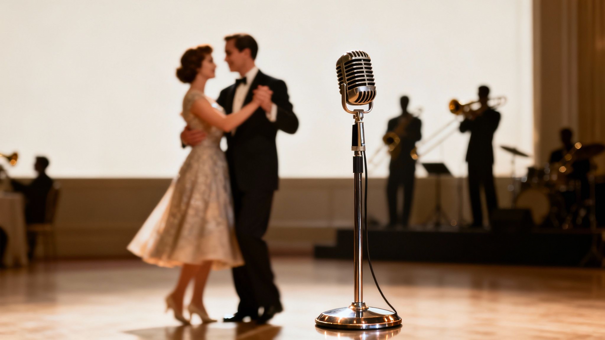 Elegant ballroom scene with a vintage microphone, a dancing couple, and a jazz band.