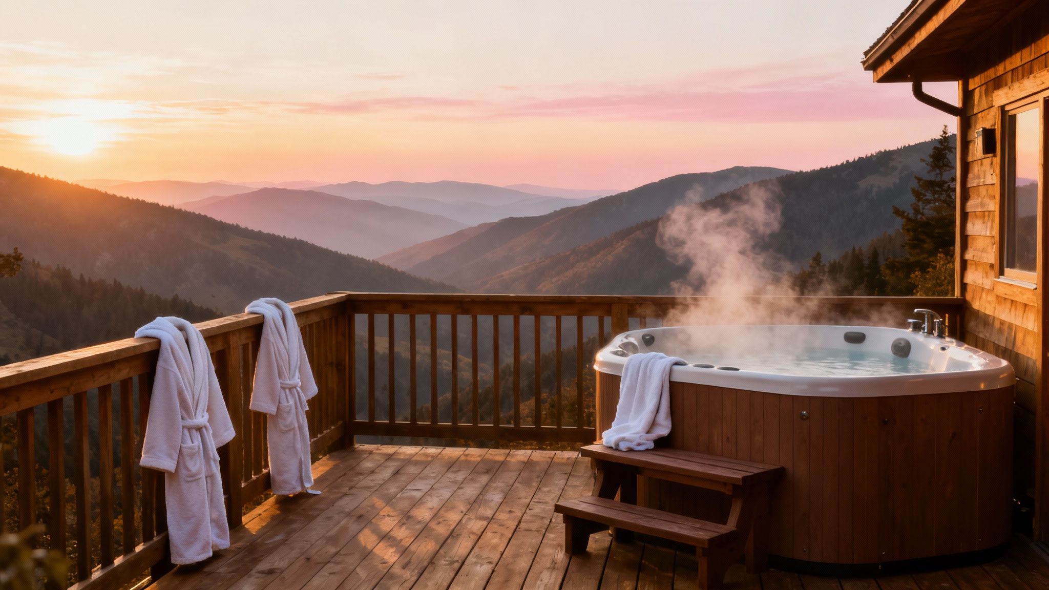 A luxurious outdoor hot tub on a wooden deck overlooks a beautiful mountain sunset, with bathrobes ready.