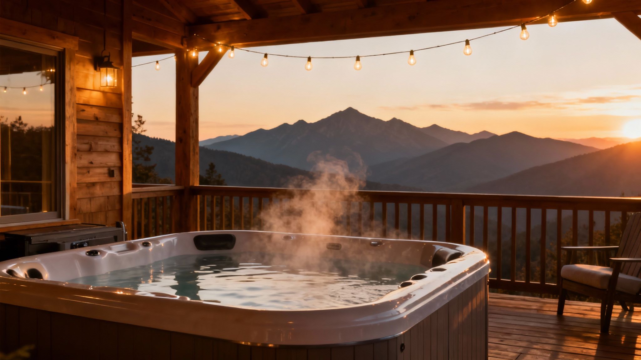 A steaming hot tub on a rustic wooden deck, with string lights and mountains at sunset.