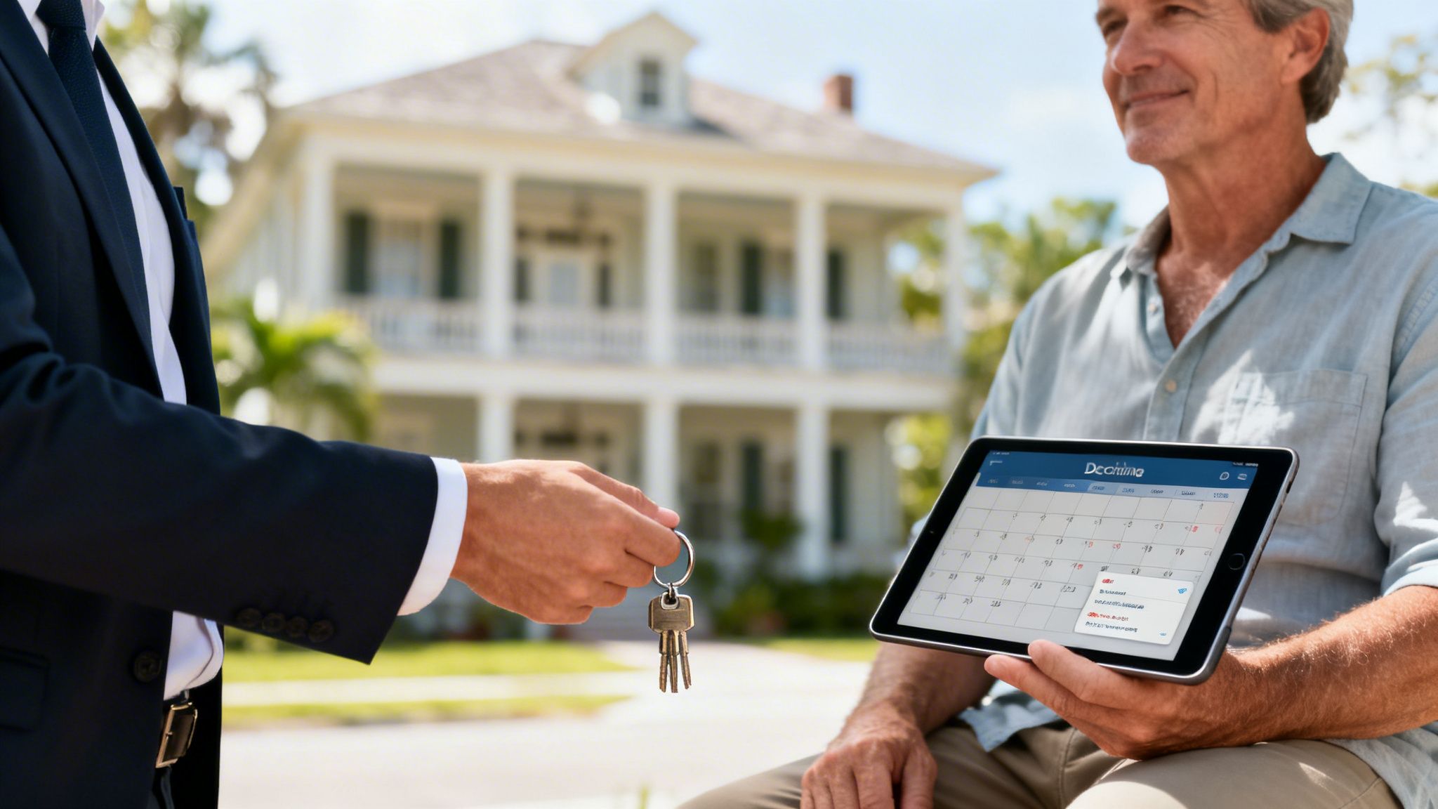 A real estate agent hands house keys to a man holding a tablet in front of a large house.