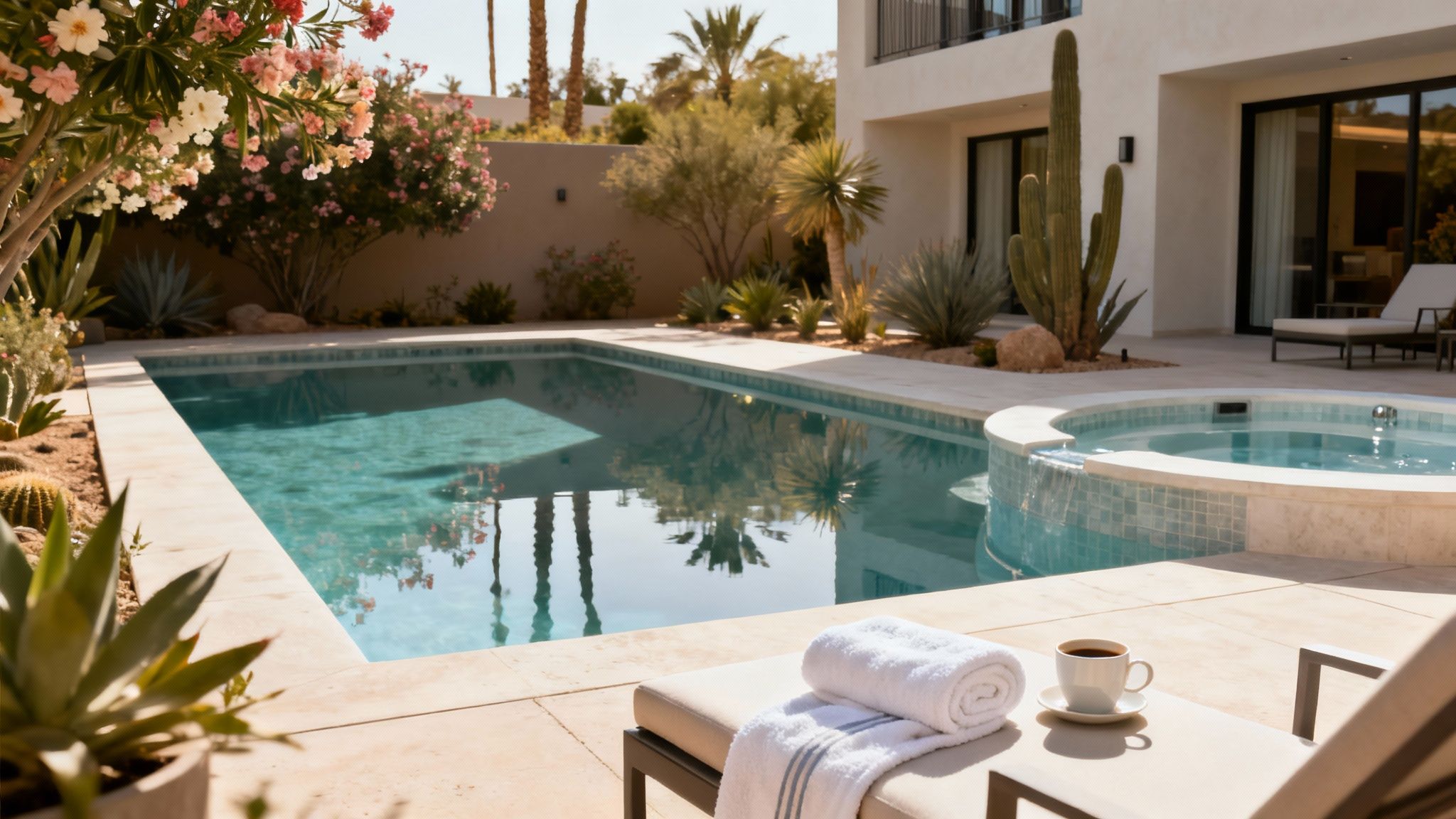 Luxurious desert resort backyard with a sparkling pool, hot tub, lush landscaping, and lounge area.