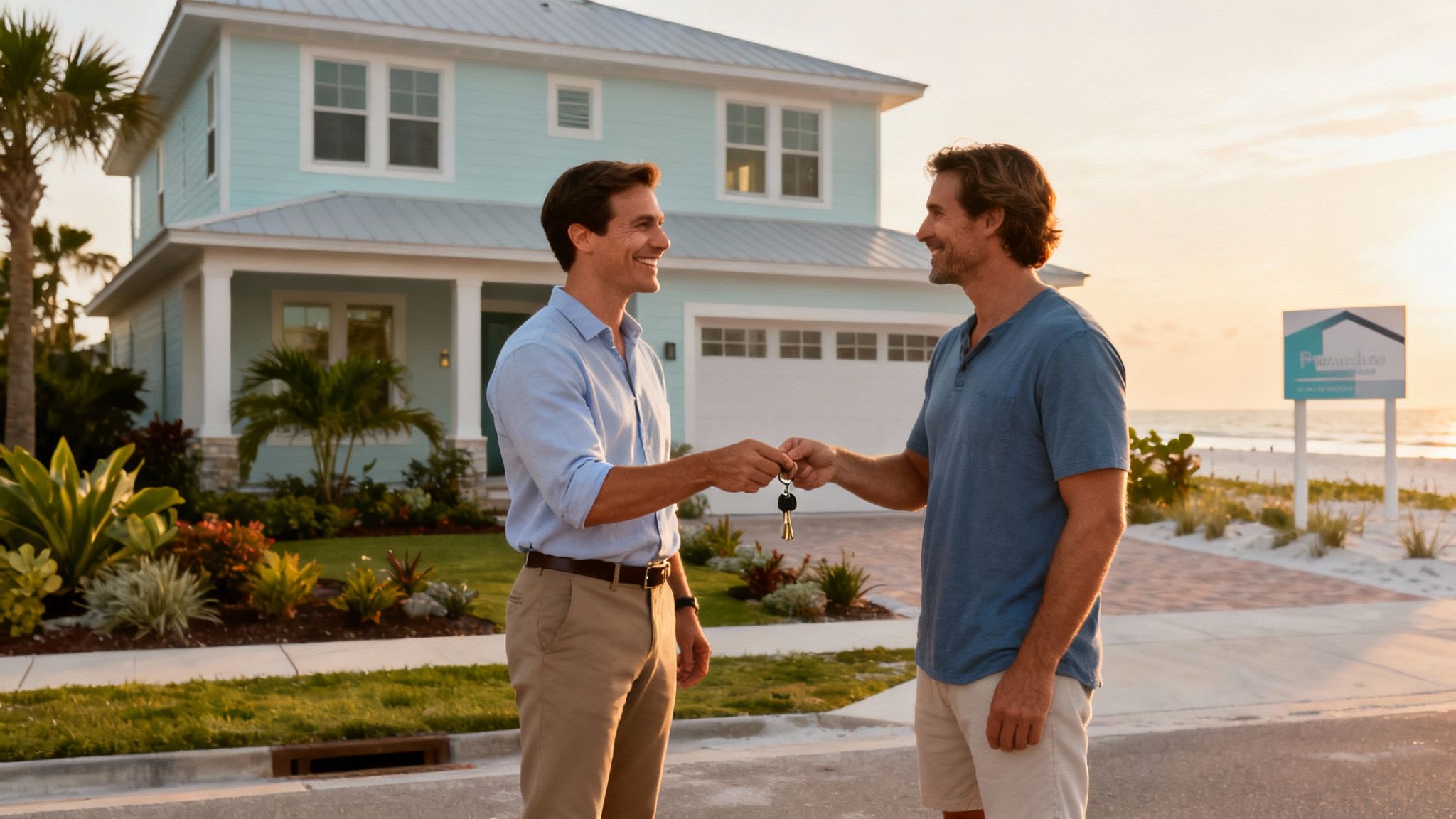 Two smiling men exchange house keys in front of a new light blue beach house.
