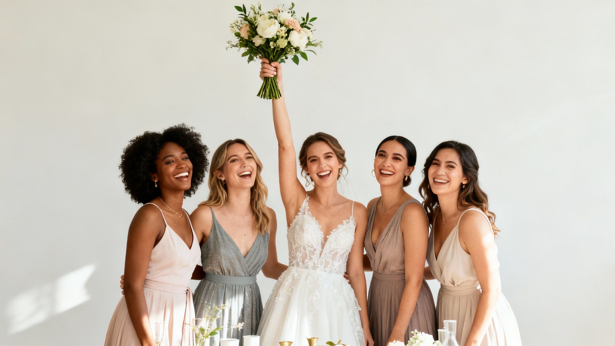 A radiant bride in a white gown raises her wedding bouquet, surrounded by four smiling bridesmaids.