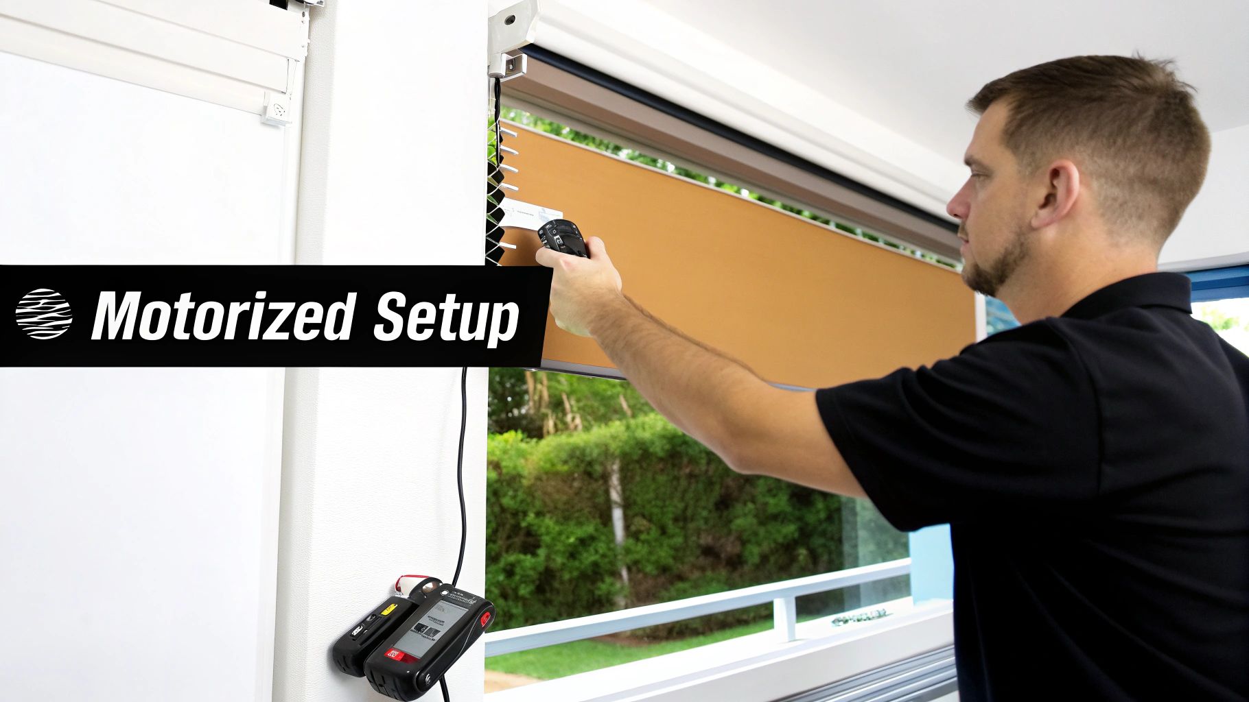 A man uses a remote control to set up and adjust motorized roller shades in a window.