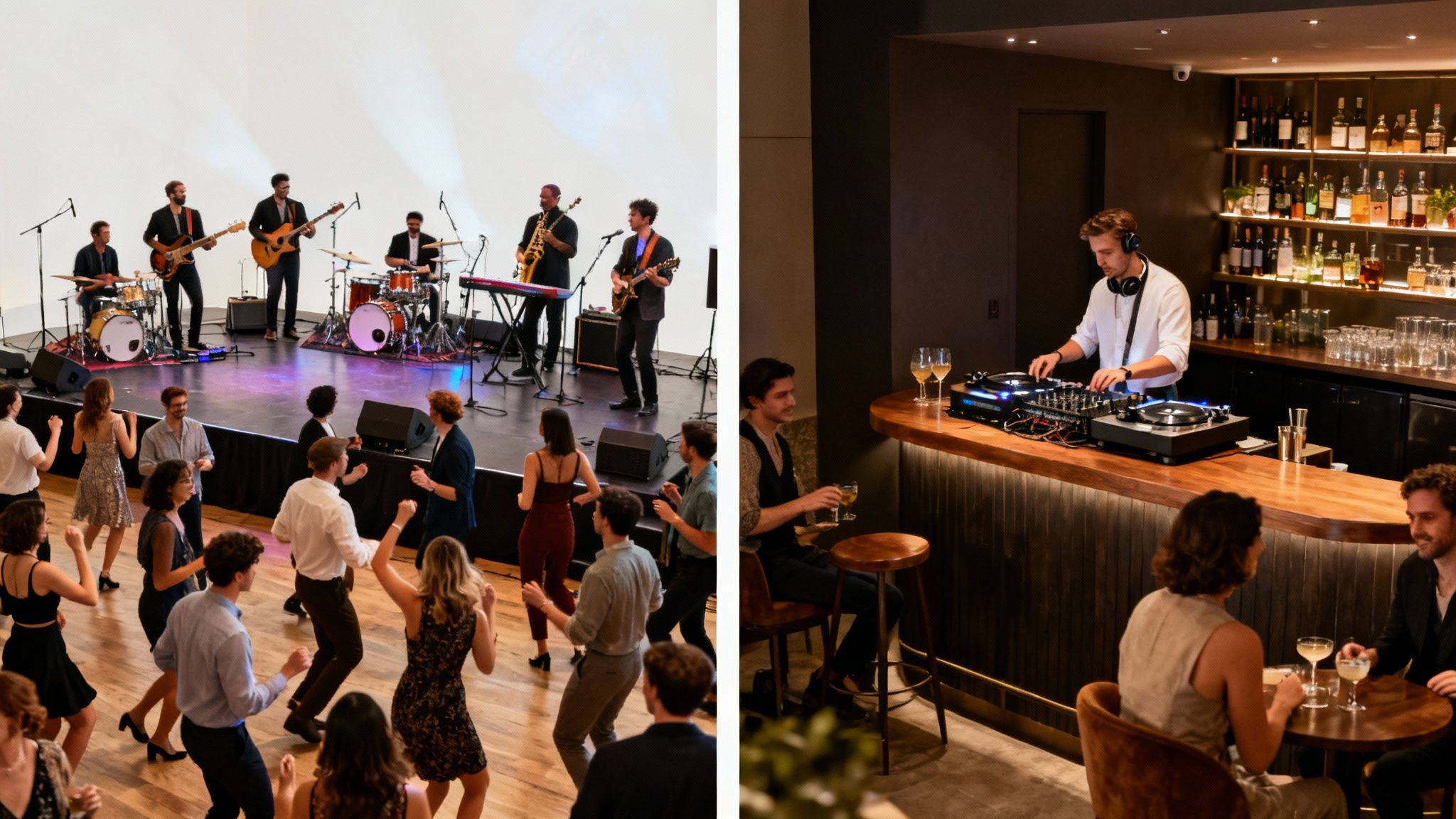 People dancing to a live band and enjoying drinks at a bar with a DJ, depicting vibrant event entertainment.