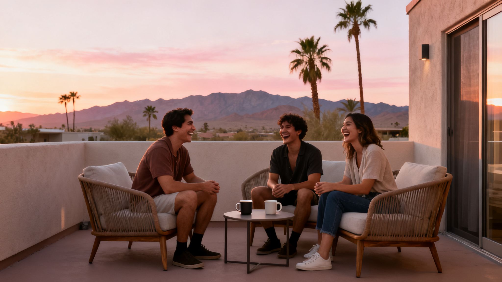 Three happy friends laughing on a hotel balcony at sunset with palm trees and mountains.