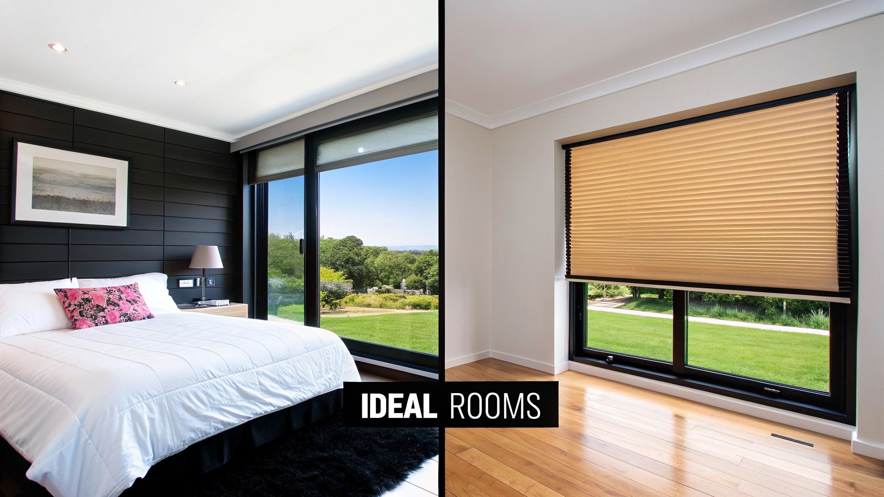 Living room with large windows fitted with double cell shades, creating a comfortable and well-lit space.