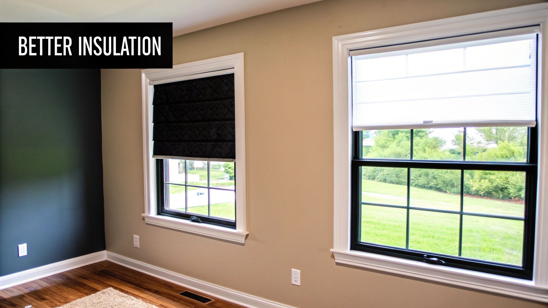 Two windows in a room, one with a dark Roman shade, the other with a white cellular blind, highlighting 'Better Insulation'.