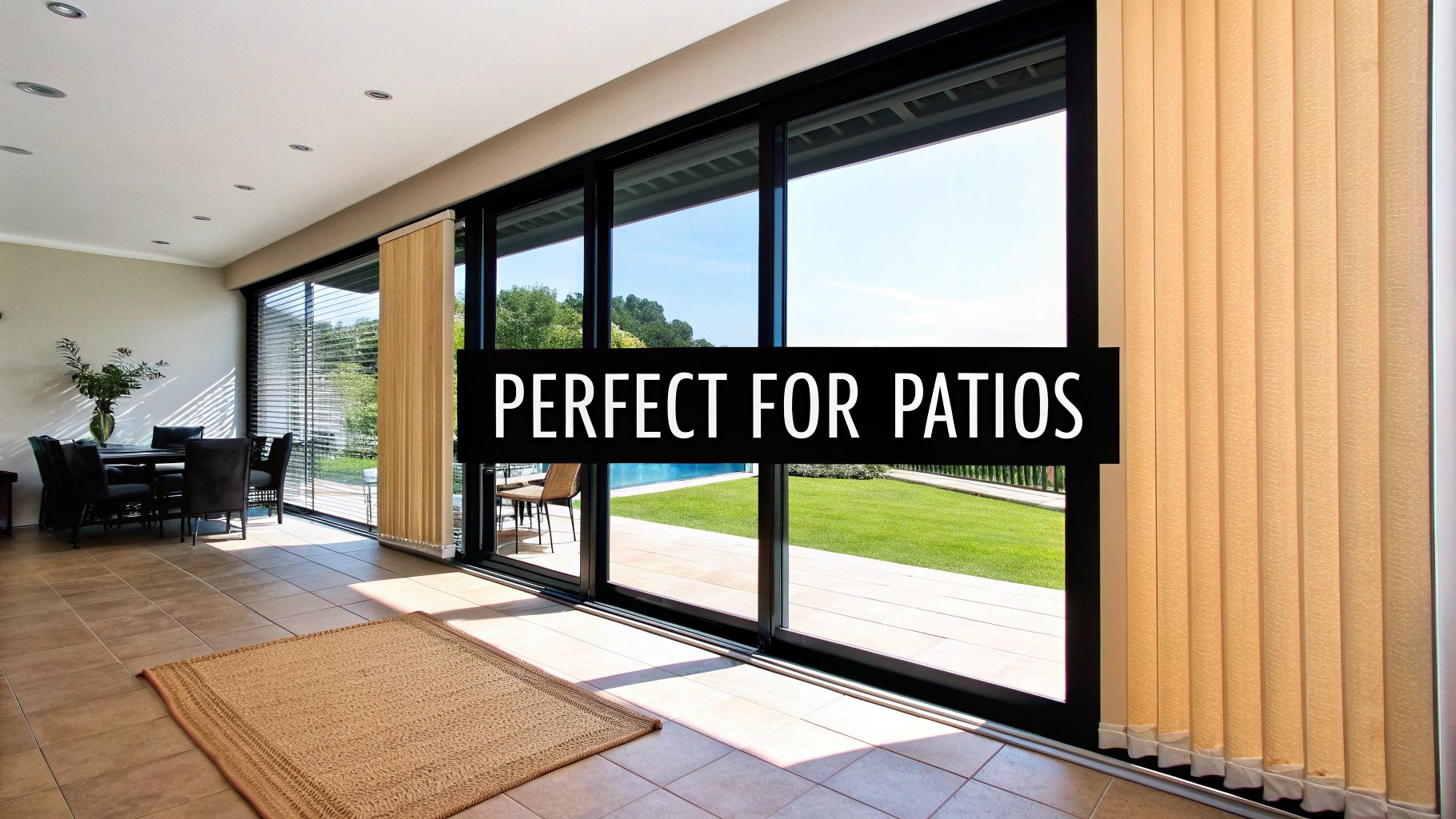 A bright living room with large windows fitted with vertical blinds.