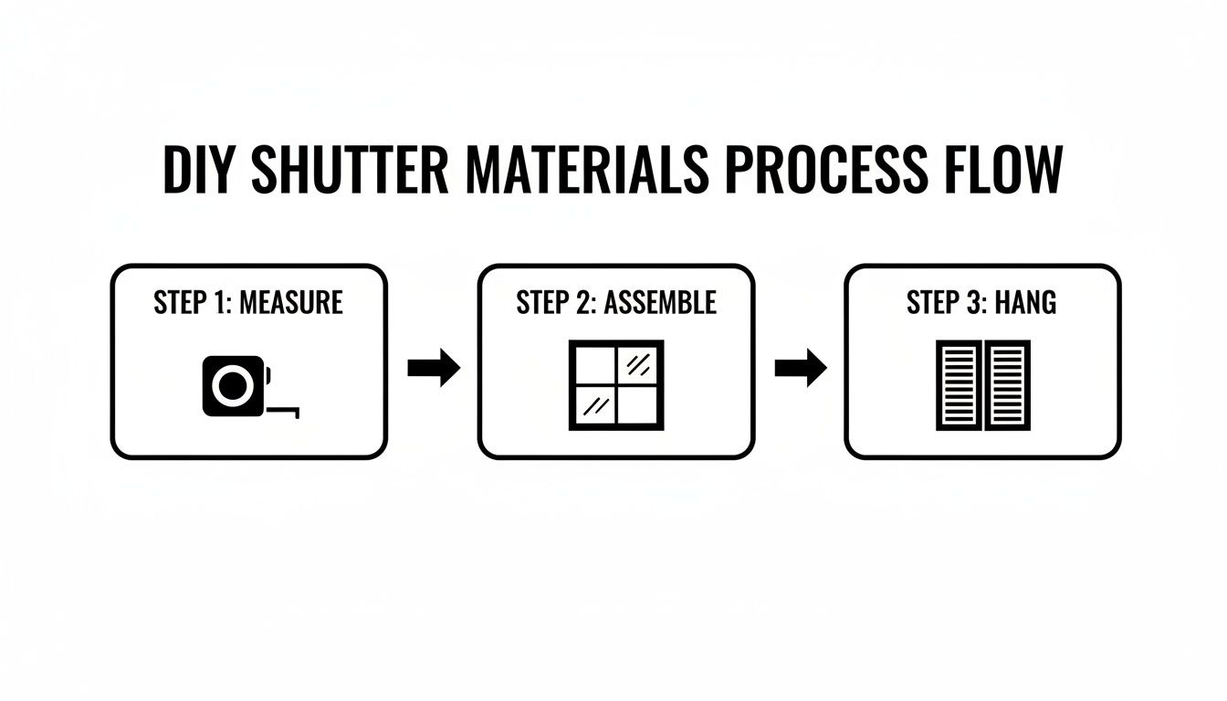 A three-step process flow for DIY shutter materials: Measure, Assemble, and Hang.