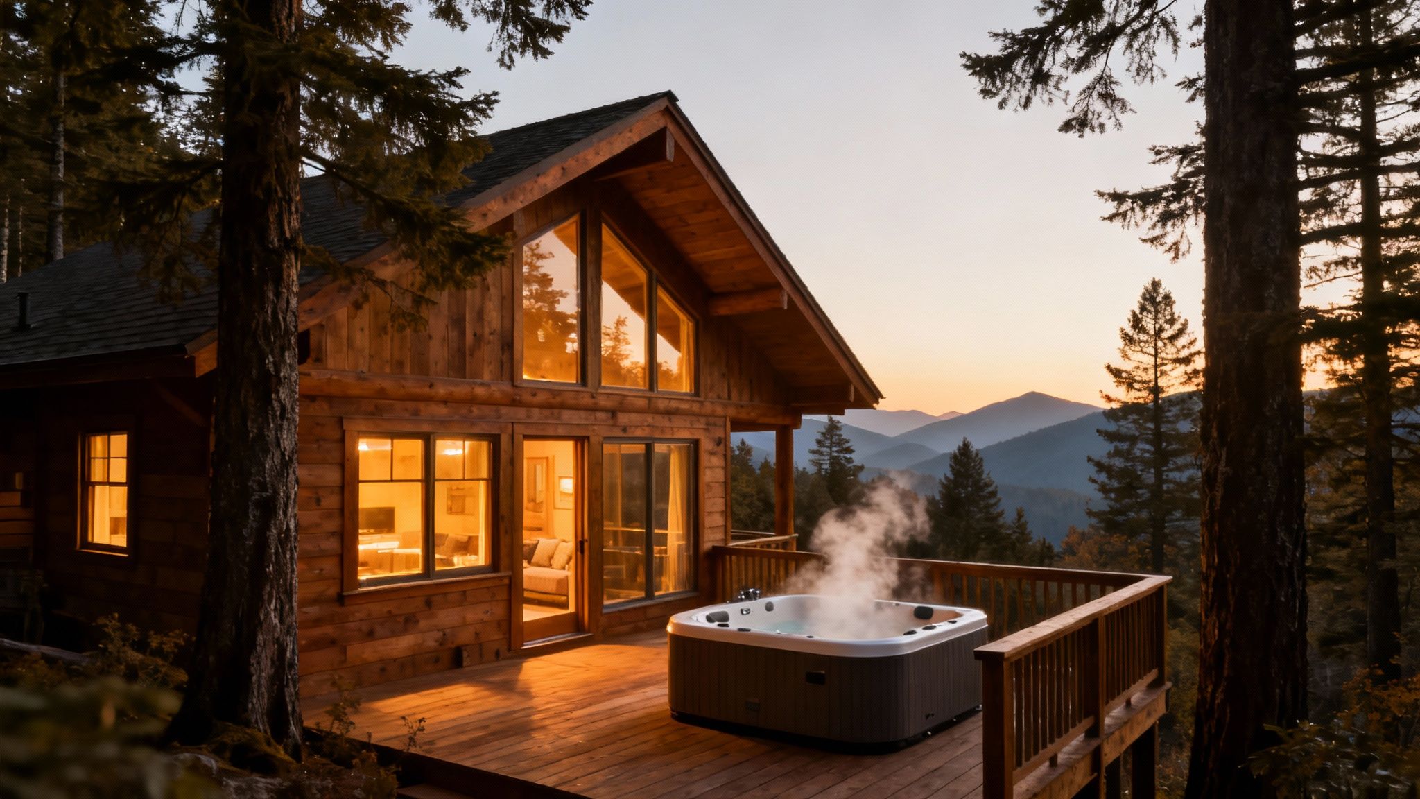 A luxurious log cabin nestled in the woods with large windows and a spacious deck.