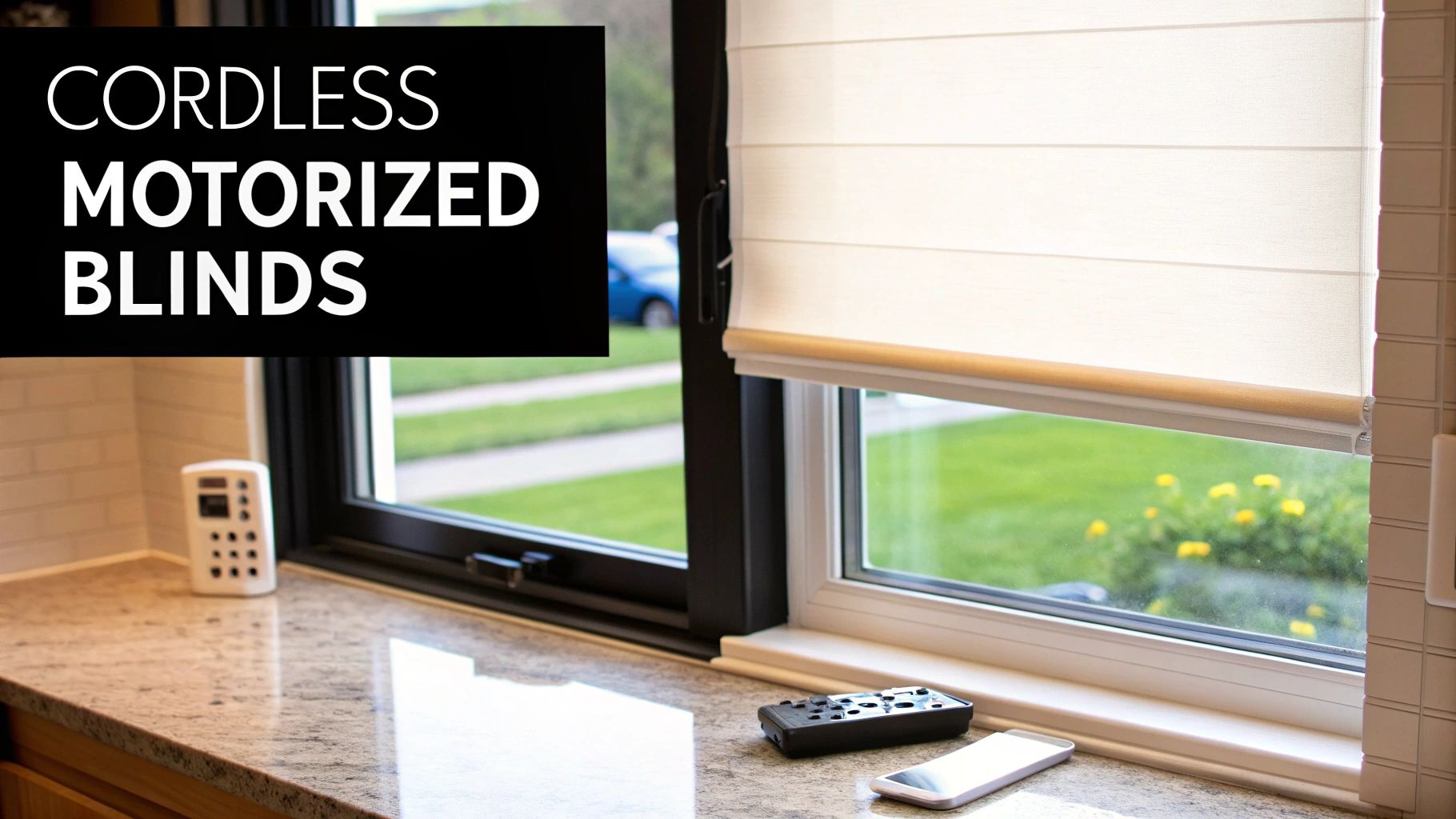 Cordless motorized blinds partially open in a kitchen window, with remote controls and a phone.