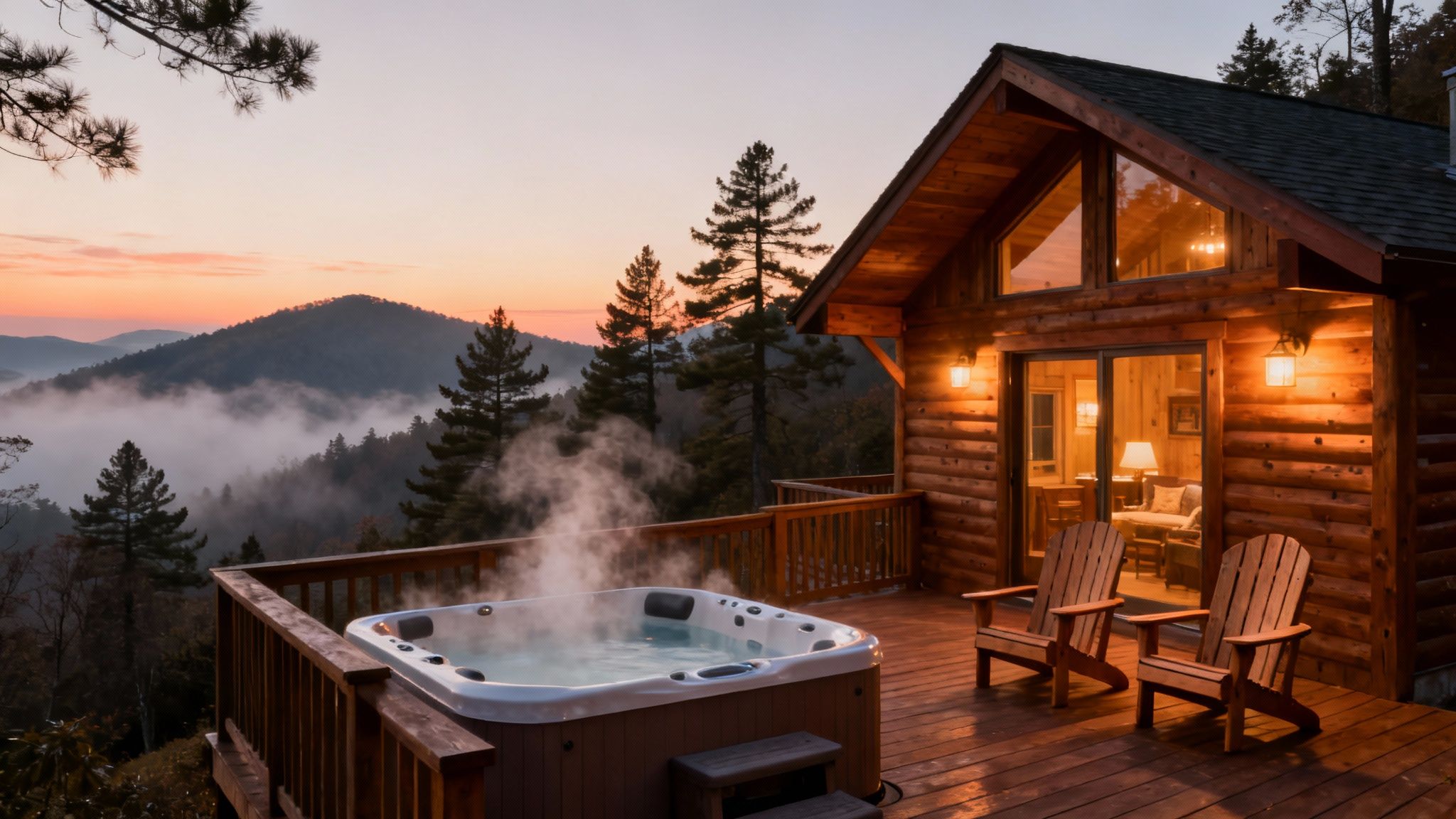 A cozy log cabin with a steaming hot tub on a deck overlooking foggy mountains at sunset.