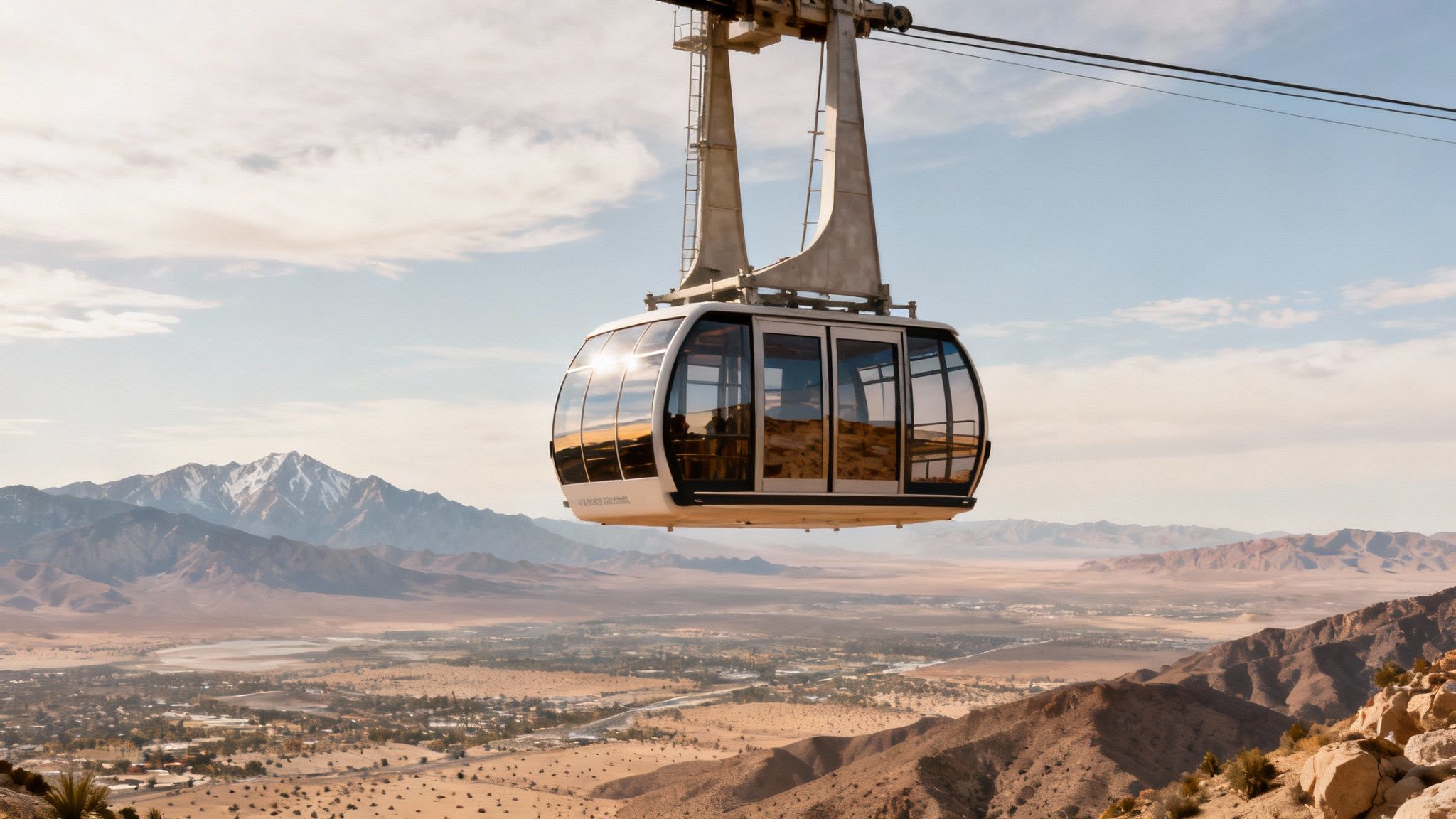 An aerial tram car high above a vast desert valley with distant snow-capped mountains.