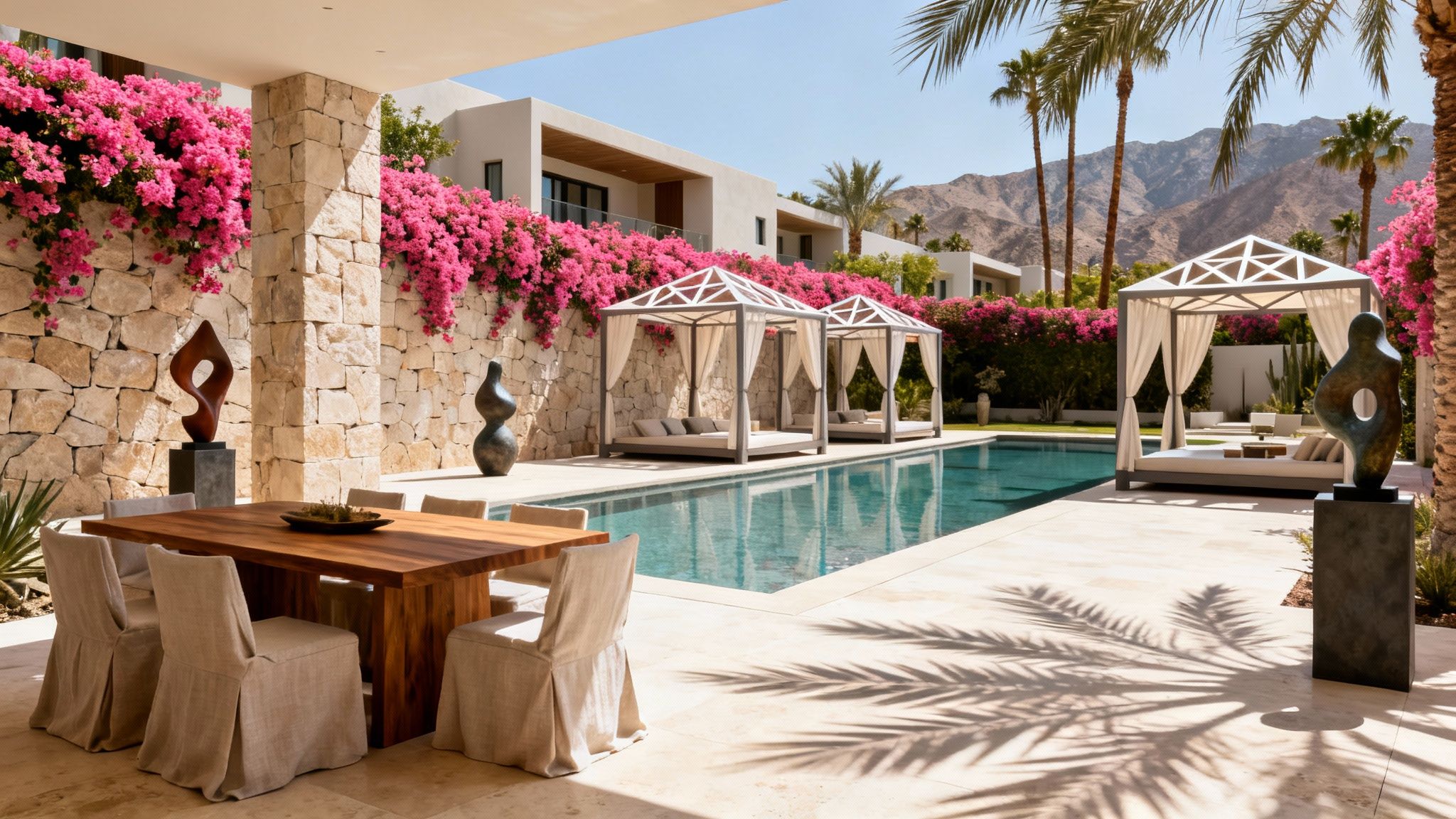 Luxurious outdoor patio with pool, cabanas, dining table, and pink bougainvillea in a sunny resort setting.